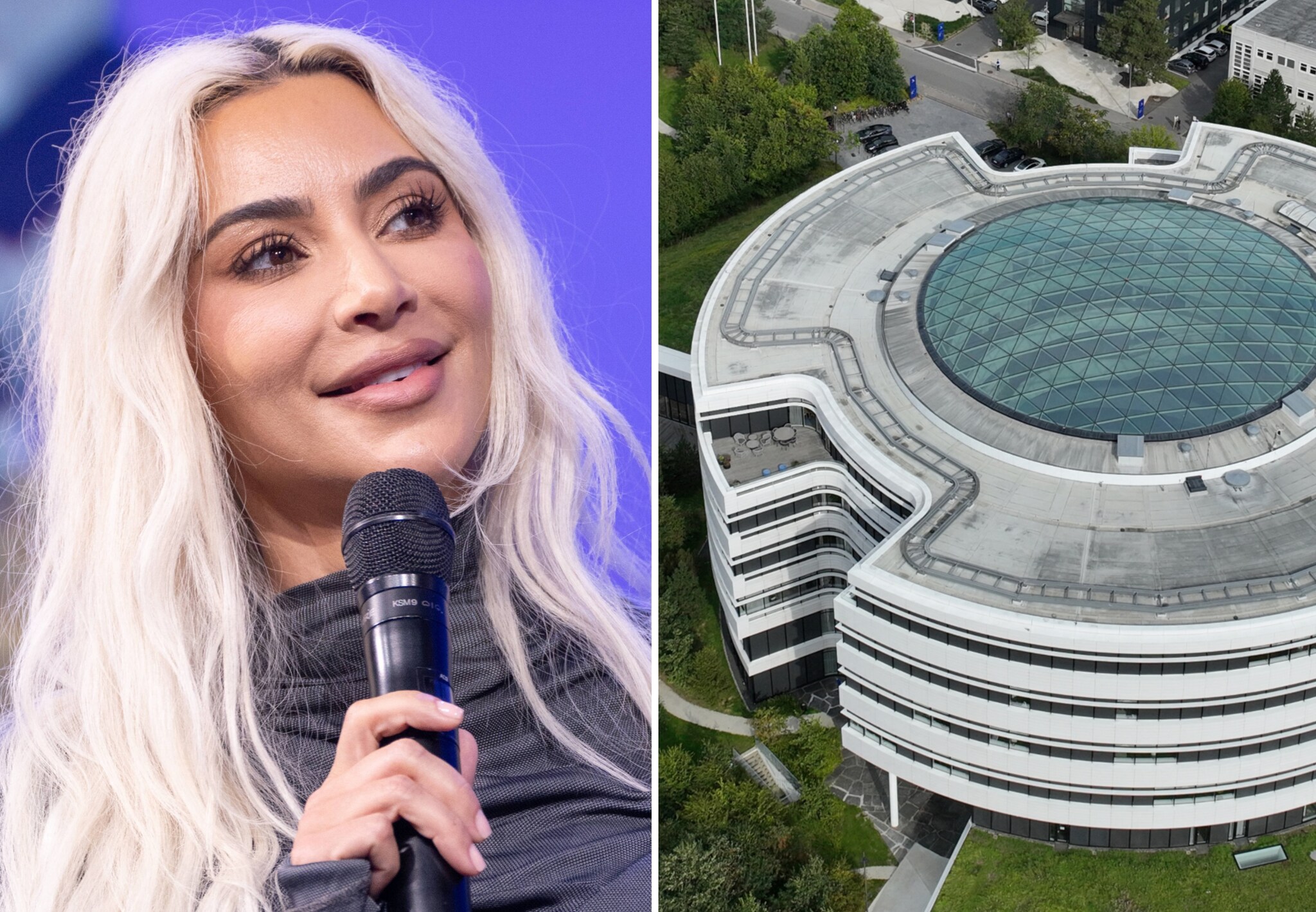 Kim Kardashian heeft een kleine rol in het succes van Novo Nordisk. Rechts: het hoofdkantoor van het bedrijf in Bagsvaerd. NLBeeld/ANP/AFP