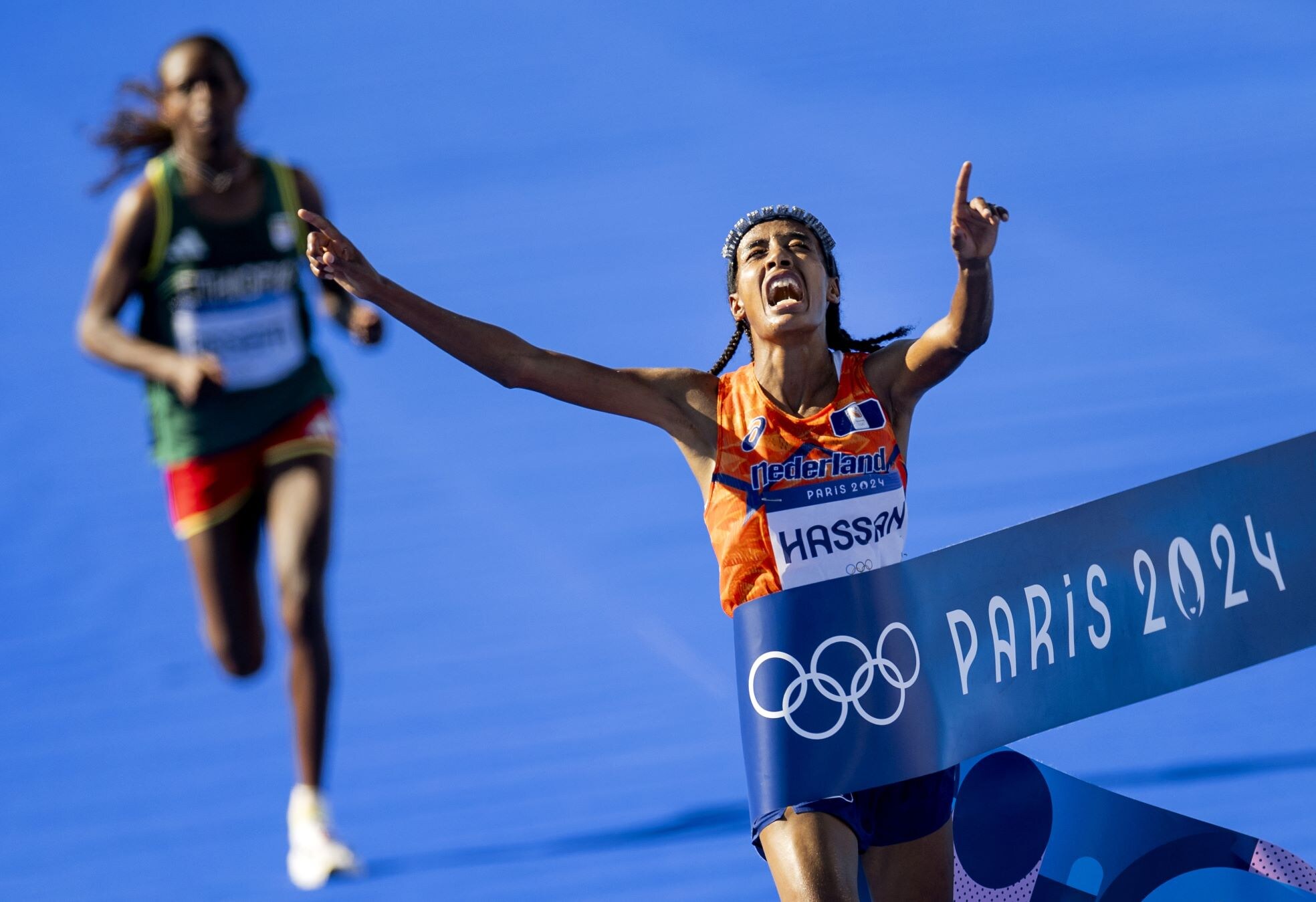 Sifan Hassan wint de marathon tijdens de Olympische Spelen in Parijs. Sifan Hassan wint de marathon tijdens de Olympische Spelen in Parijs. Foto: ANP