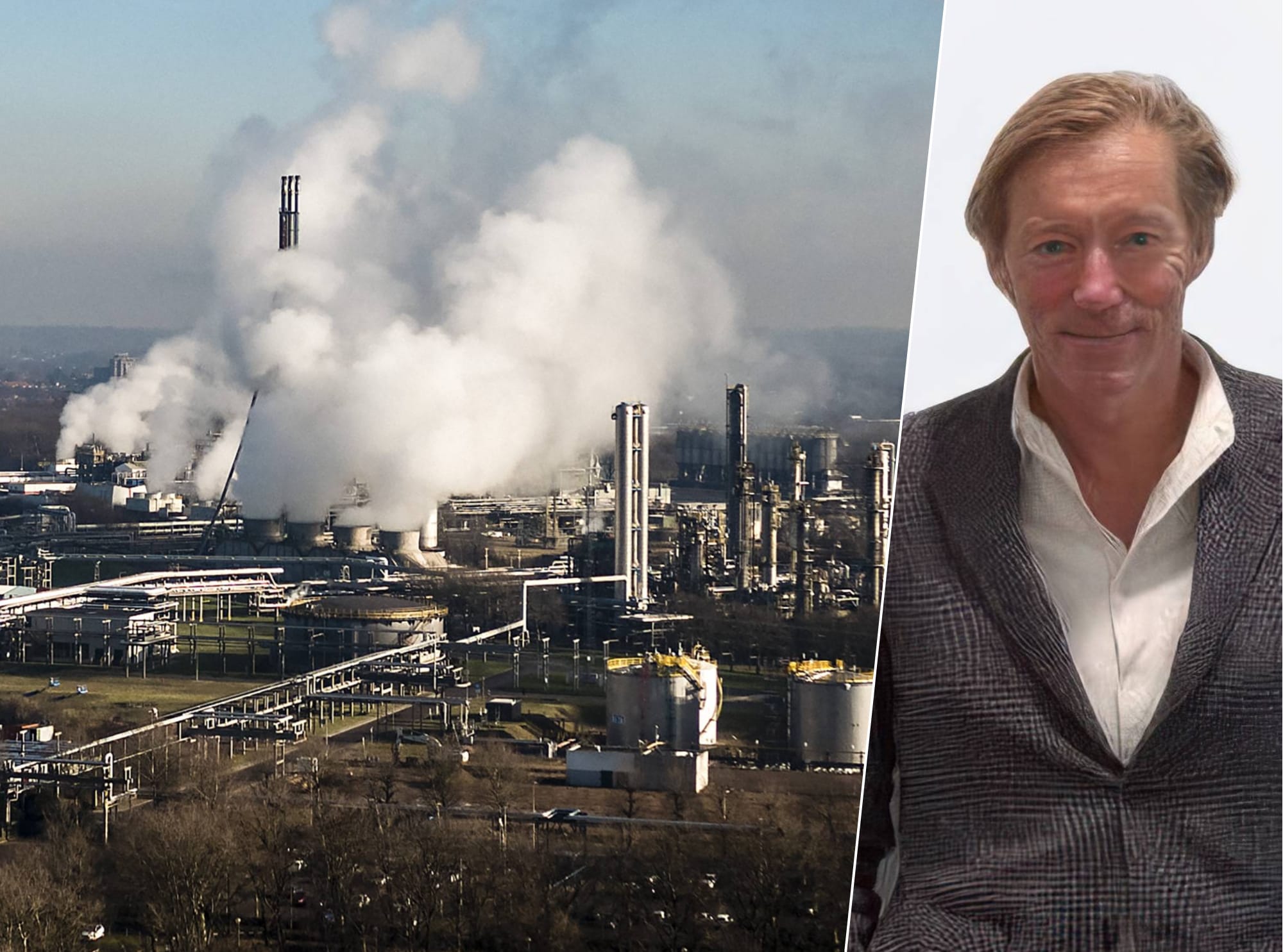 Rechts Koos van Haasteren, directeur van het Limburgse Chemelot. Links de fabrieken van Chemelot. Rechts Koos van Haasteren, directeur van het Limburgse Chemelot. Links de fabrieken van Chemelot. Foto: ANP/Rob Engelaar/Chemelot.