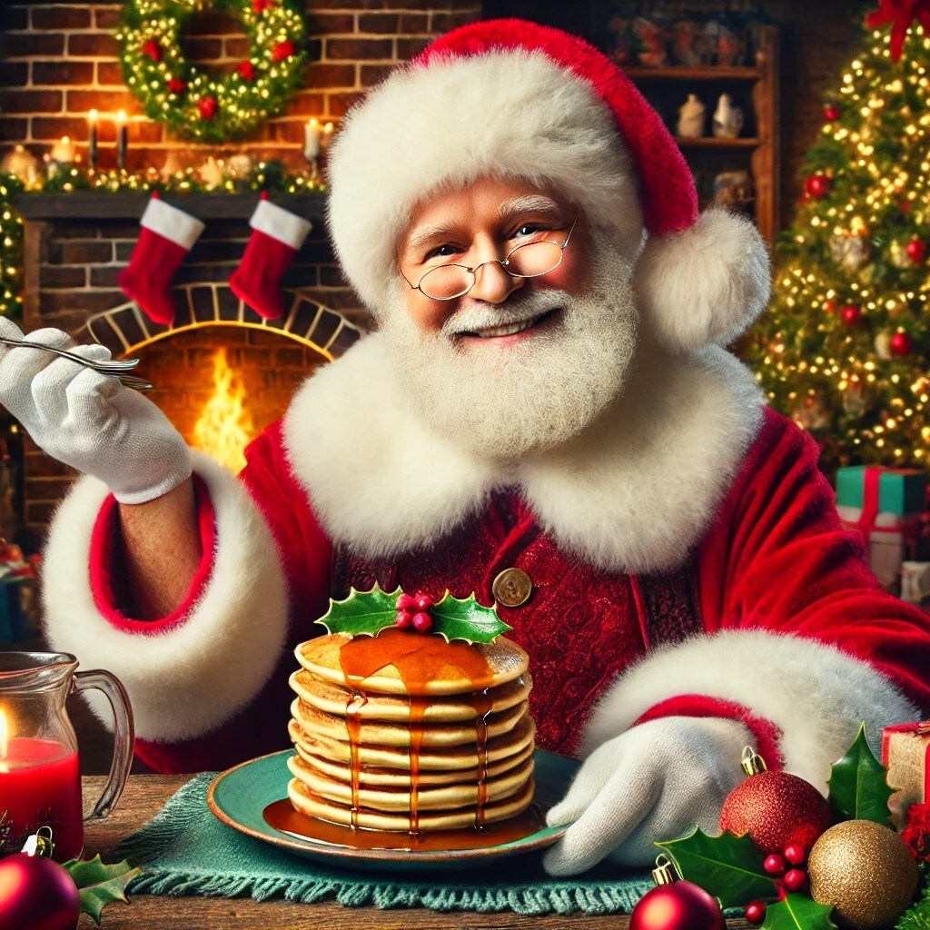 Kerstman eet pannenkoeken. Omdat het kan. Wie dit artikel leest weet waarom we hier een kerstman met pannenkoeken laten zien. Afbeelding: Shutterstock/AI.