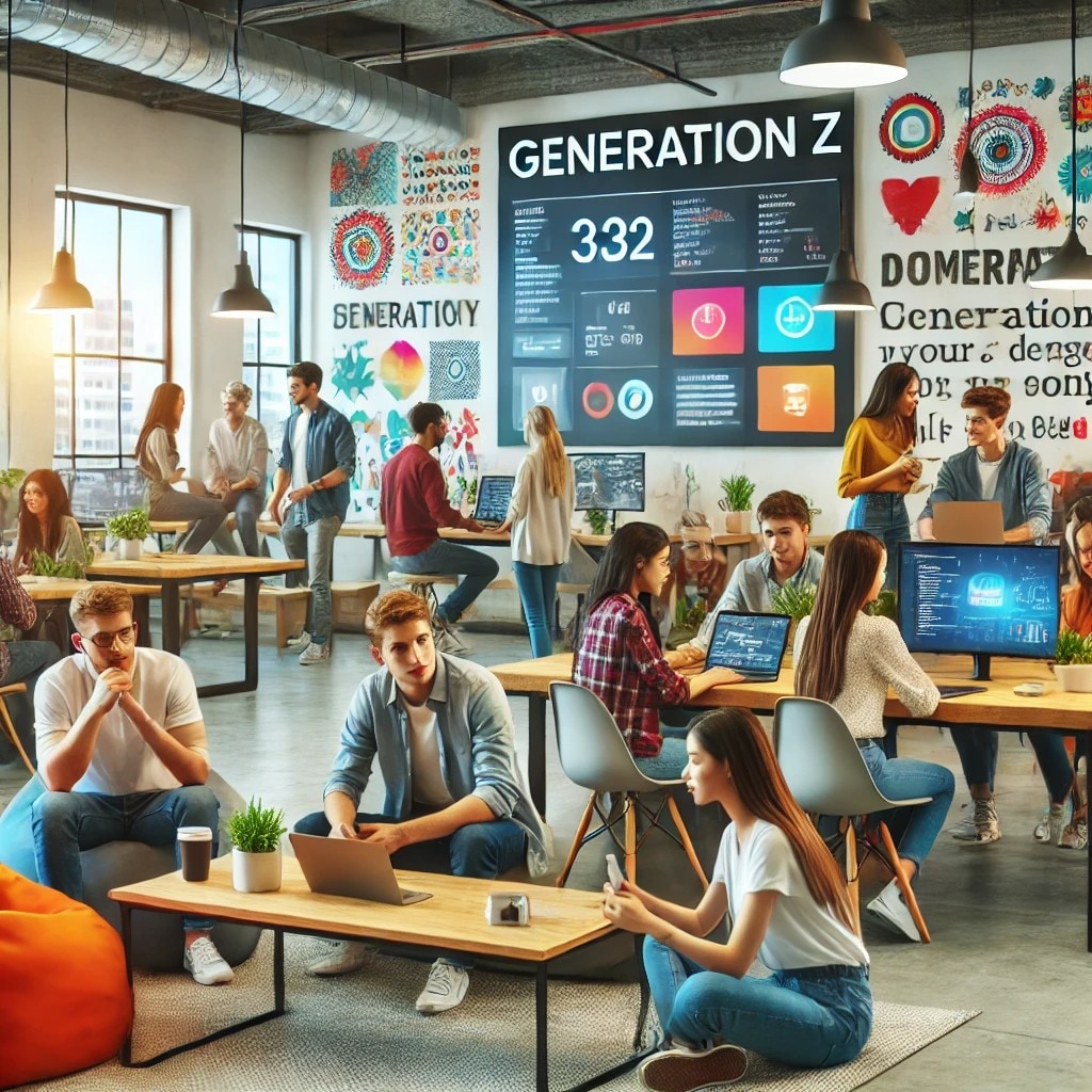 Bedrijfscultuur en Gen Z gevangen in één ChatGPT-afbeelding. Hoe ChatGPT naar Gen Z op de werkvloer kijkt.