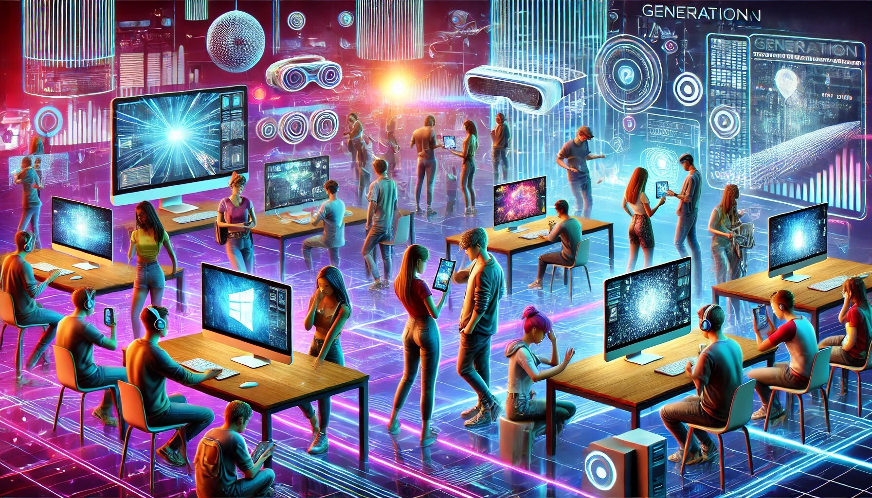 De wereld van Gen Z en digitalisering. We vroegen ChatGPT om een afbeelding van de werkvloer van de Generatie Z en digitalisering samenkomt. Dat werd deze.