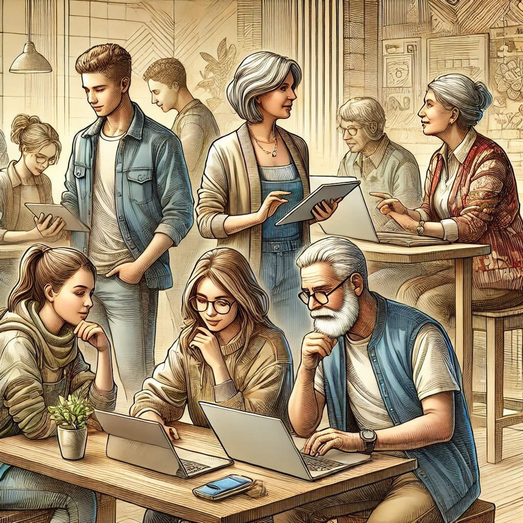 Generaties op de werkvloer, volgens ChatGPT. Wij vroegen ChatGPT om een afbeelding van meerdere generaties op de werkvloer, met in elk geval Gen Z. Dit is het resultaat.