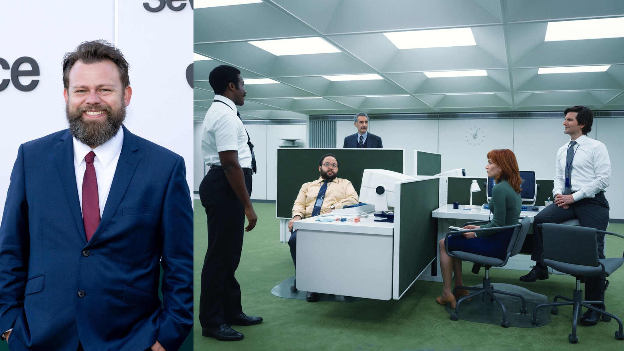 Links: producent en schrijver van ‘Severance’ Dan Erickson. Rechts: het eerste seizoen van ‘Severance’. Links: producent en schrijver van ‘Severance’ Dan Erickson. Rechts: het eerste seizoen van ‘Severance’. Afbeelding: WireImage/Apple TV.
