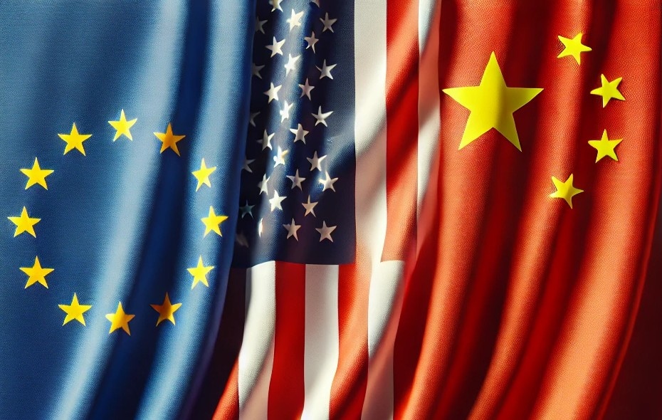 Vlag van Europa, Amerika en China in één. Afbeelding: Shutterstock/AI.