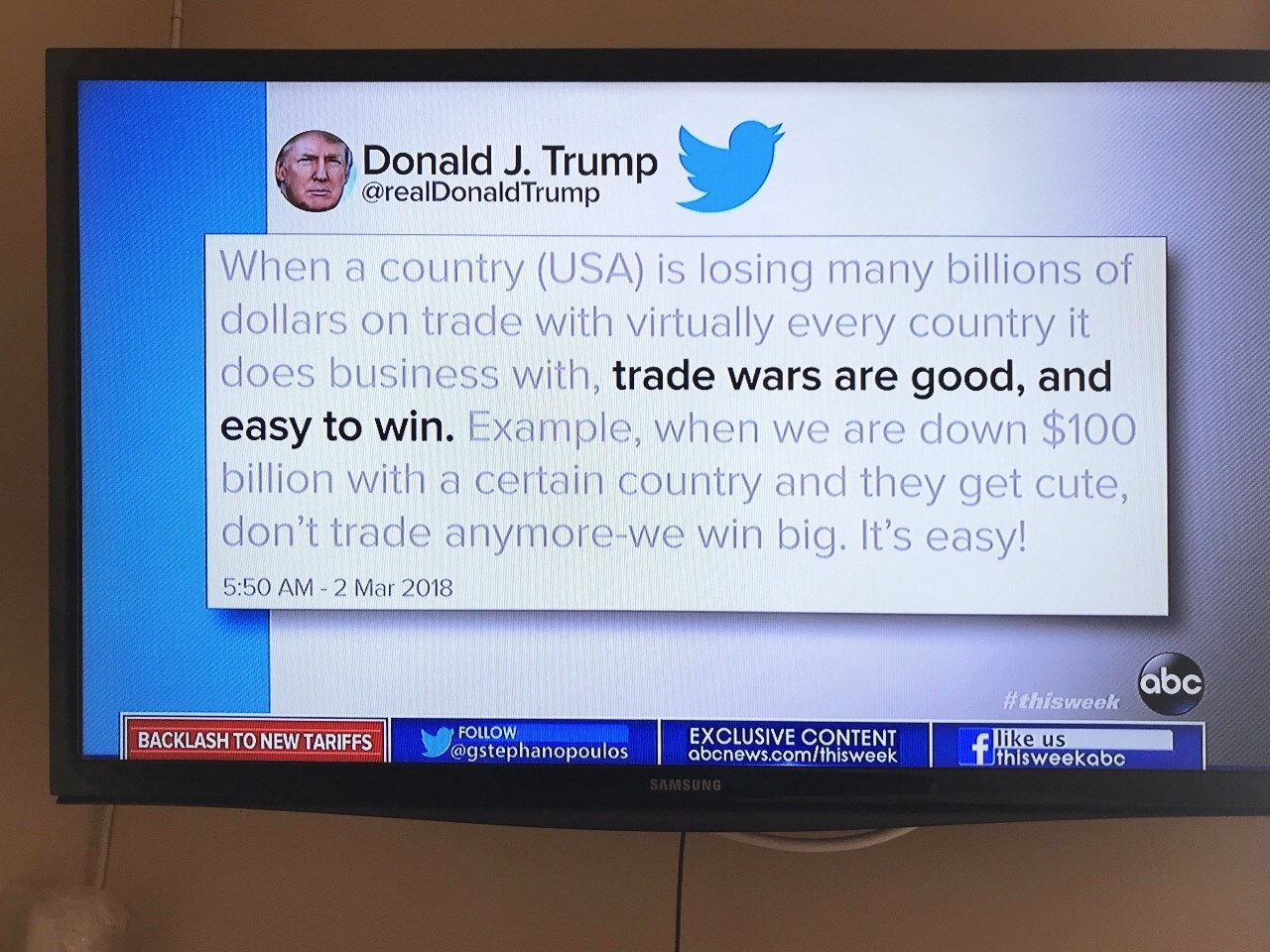 Zo kijkt Trump naar een handelsoorlog. Easy to win. Zo ging dat in 2018. Foto: ANP