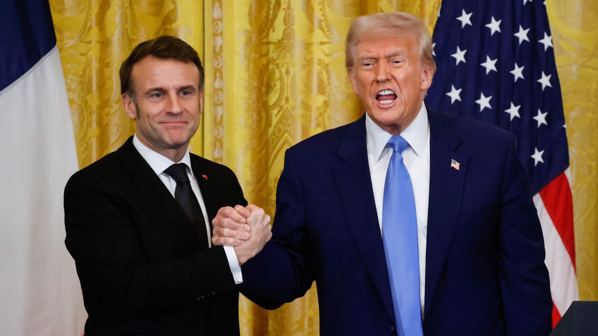 Donald Trump en de Franse president Emmanuel Macron eerder deze week in Washington. Kan de EU het ook zonder de Amerikaanse economische grootmacht? Foto: ANP/AFP