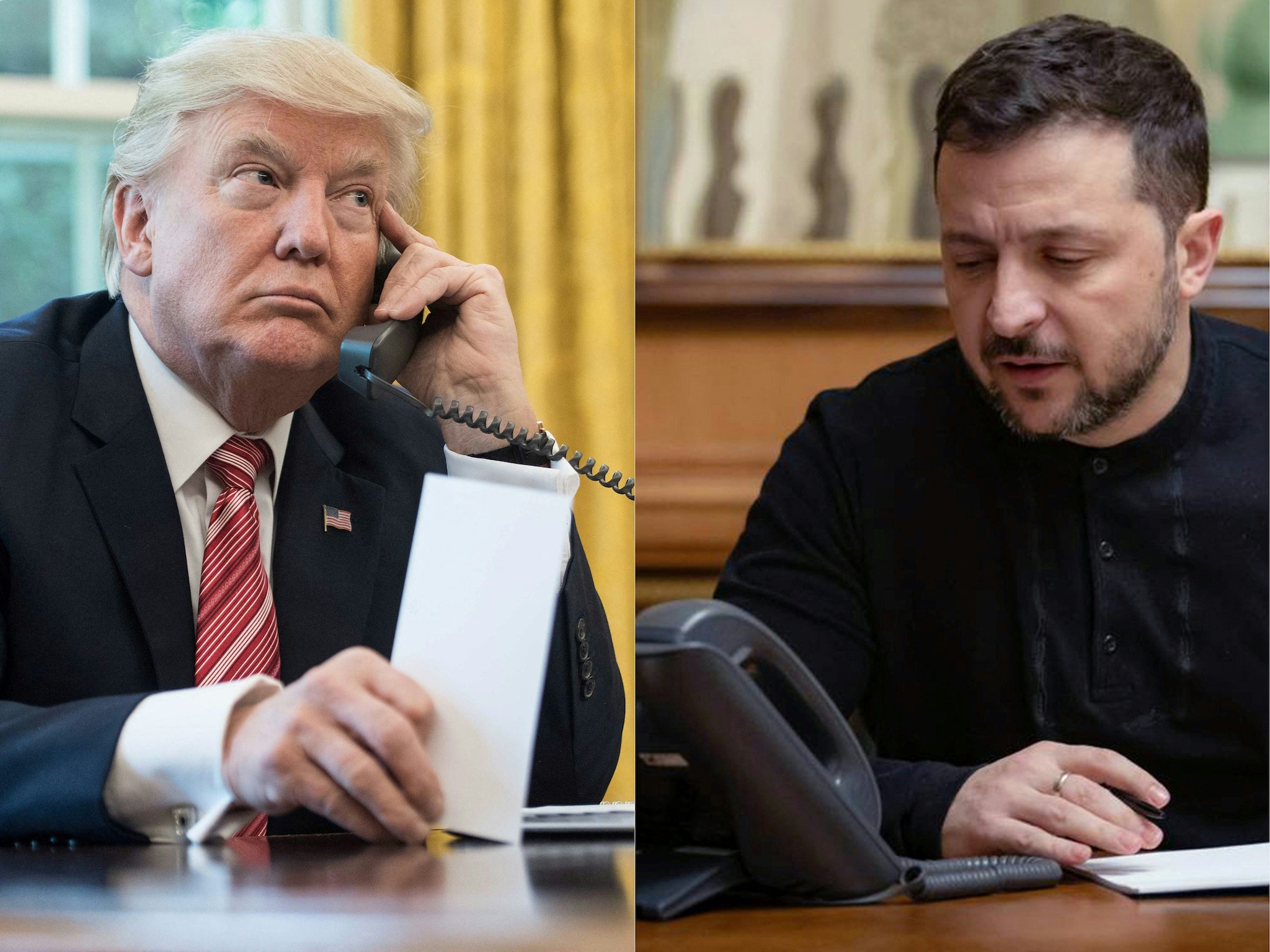 Donald Trump en Volodymyr Zelensky aan de telefoon. AFP