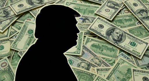 Silhouette van Donald Trump met dollarbiljetten. Afbeelding: Shutterstock.