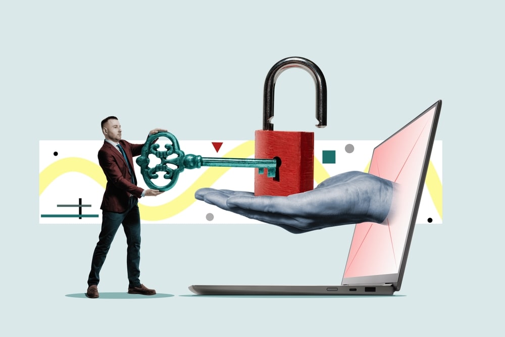 Metaphor for hacking personal data on a computer and on a network. Art collage. Afbeelding: Shutterstock.