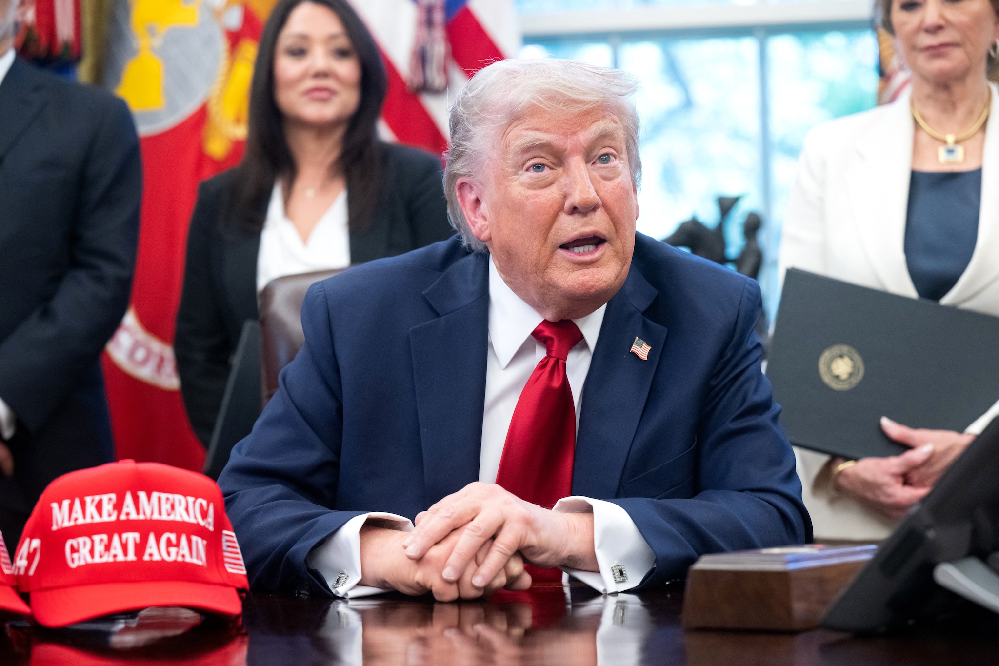 Donald Trump zit voor de tweede keer 100 dagen in The Oval Office. Foto: ANP Donald Trump zit voor de tweede keer 100 dagen in The Oval Office. Foto: ANP