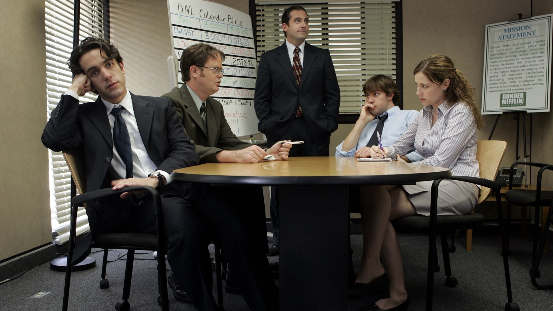 Scene uit de hitserie The Office, de Amerikaanse versie. Met Steve Carell (midden) als manager Michael Scott. Scene uit de hitserie The Office, de Amerikaanse versie. Met Steve Carell (midden) als manager Michael Scott. Foto: NBC.