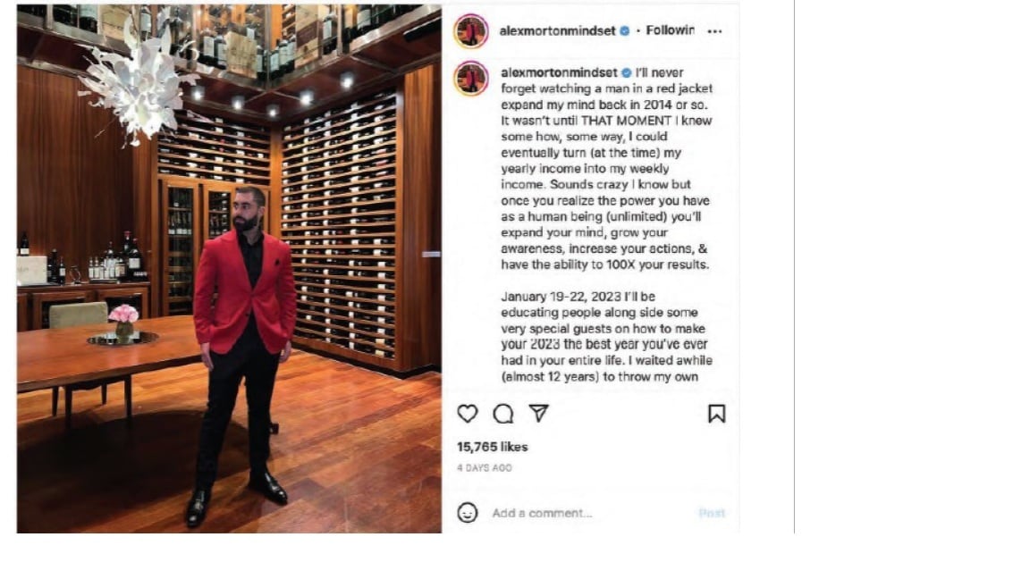 Instagrampost van Alex Morton. De post wordt door de Federal Trade Commission gebruikt als bewijs in het dossier tegen het bedrijf IM Academy. Federal Trade Commission