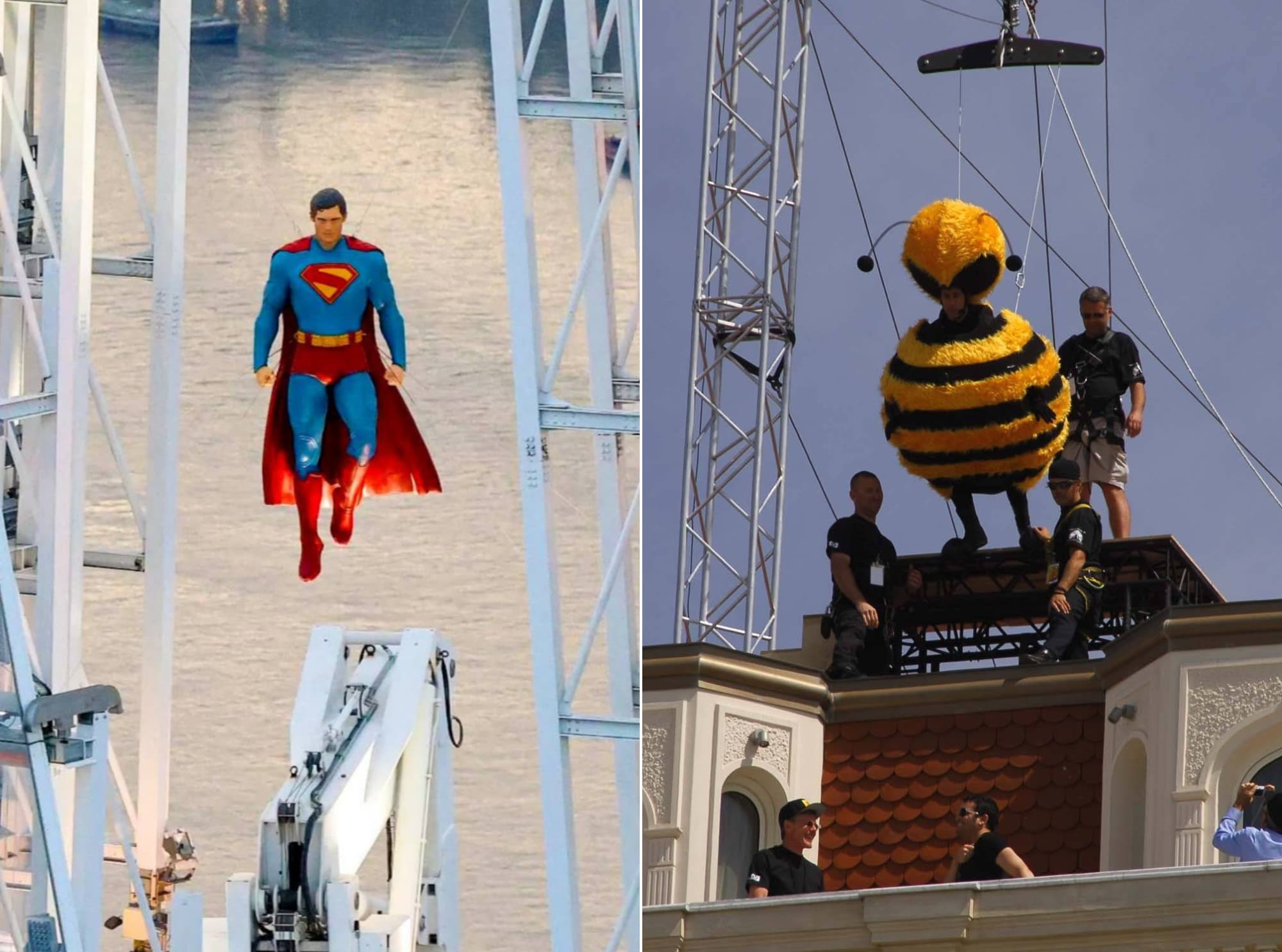 Reclamestunts voor de films Superman en Bee Movie. Spectaculaire en veelbesproken reclamestunts voor de films Superman en Bee Movie. Afbeeldingen: Warner Bros / Hogwash Studios/Airbnb/Cover Ima / NL Beeld / Solarpix