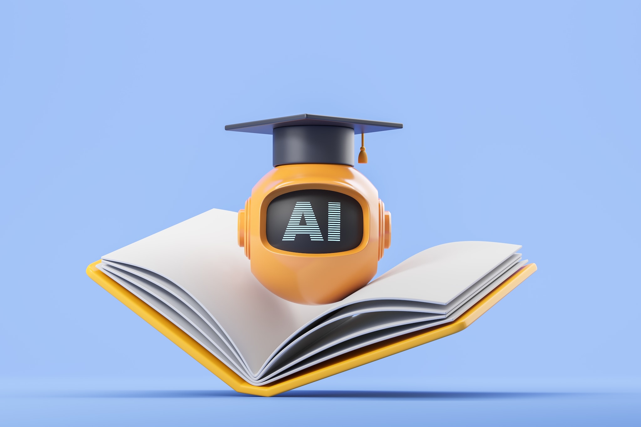 Yellow AI robot in graduation cap and opened book, blue background. Concept of education, reading, school and machine learning. 3D rendering illustration AI boek. Foto: Shutterstock.