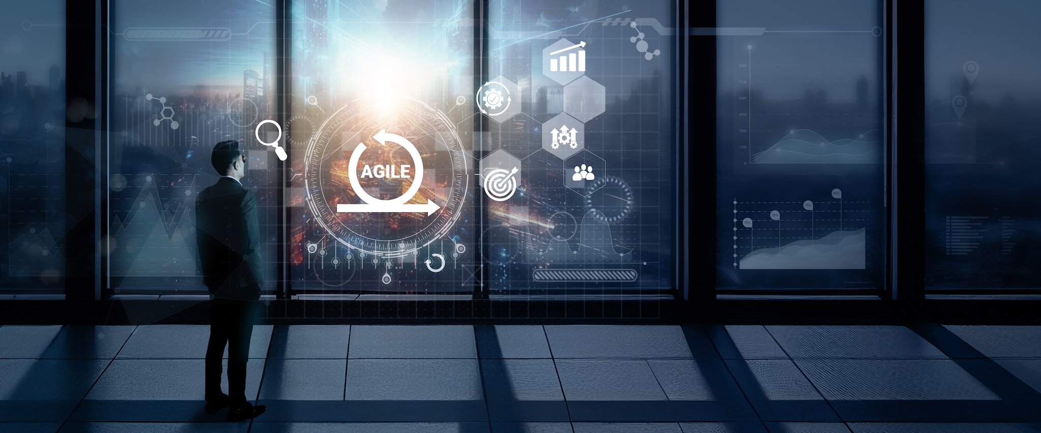 agile concept, business man looking to virtual screen with aglie methodologies methods and frameworks by analytic with futuristic ai artificial intelligence technology to solve problem , right choice Projectmanagementmethode Agile. Foto: Shutterstock.