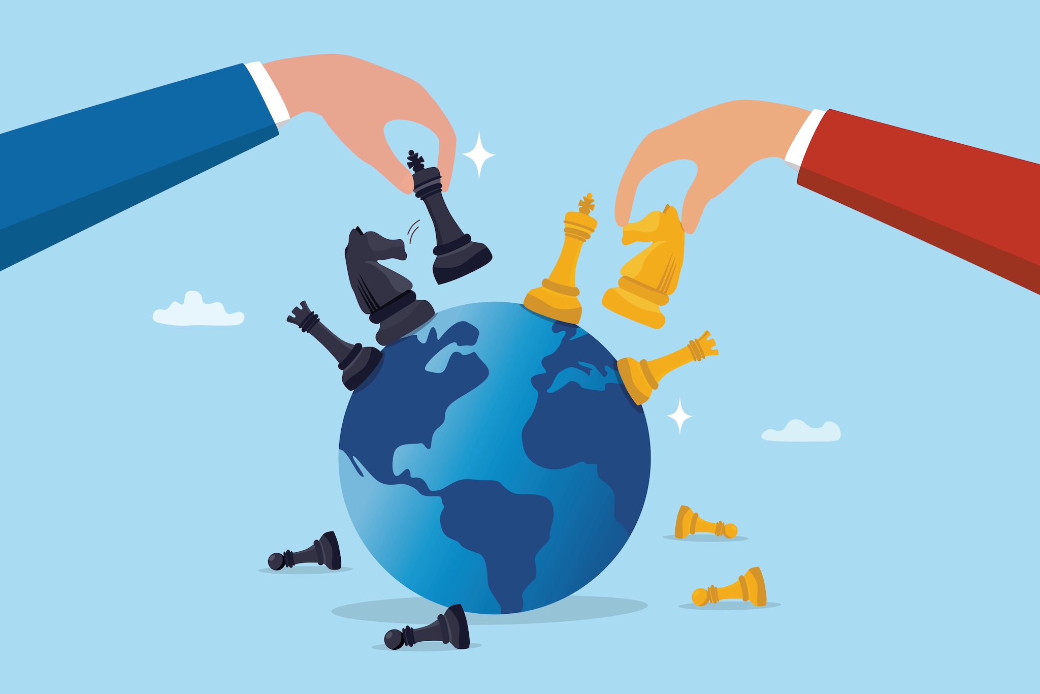 Geopolitics world country trade alliance, hand playing chess to win geopolitics trade war. Foto: Shutterstock.