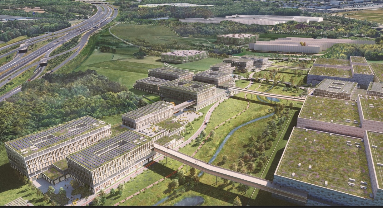 Het voorlopige ontwerp van de nieuwe campus van ASML. Het definitieve ontwerp kan hier nog van afwijken. Afbeeldingen uit presentatie aan gemeenteraad