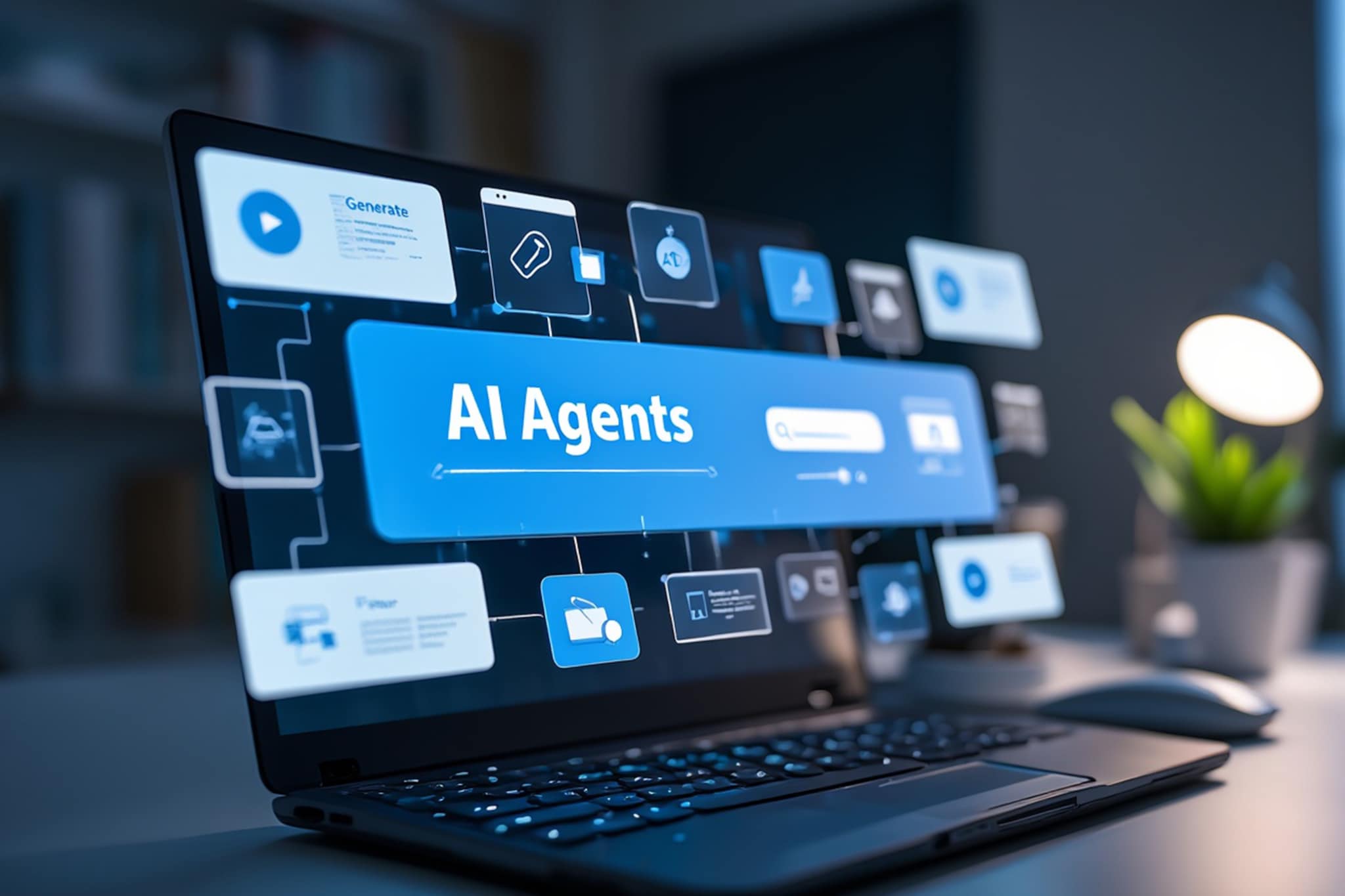 Laptop screen displays AI agents concept with interconnected digital icons, showcasing modern technology and artificial intelligence. AI-agents gaan het werk van developers veranderen. Foto: Shutterstock/mohammadhridoy1.
