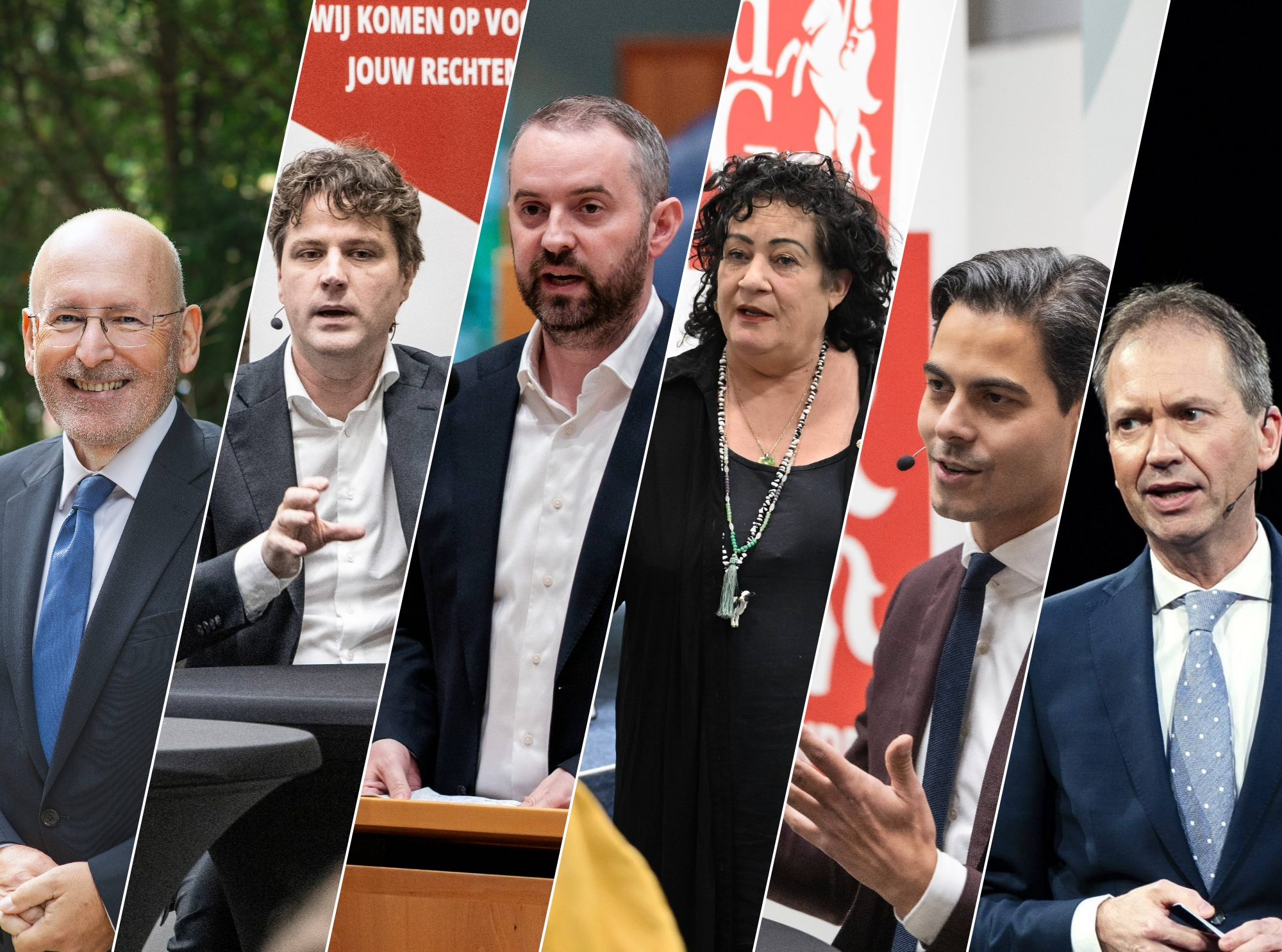 Frans Timmermans (PvdA), Henri Bontenbal (CDA), Jimmy Dijk (SP), Caroline van der Plas (BBB), Rob Jetten (D66), Eddy van Hijum (NSC).  Het bedrijfsleven geeft in groten getale (80 procent) aan dat zij hun stemkeuze op 29 oktober in hoge mate laten afhangen van de oplossingen die politieke partijen voor hen hebben. Foto’s: Gaboriela Hengeveld/Paul Rapp/Jeroen Meuwsen/Jeroen Jumelet/ANP.