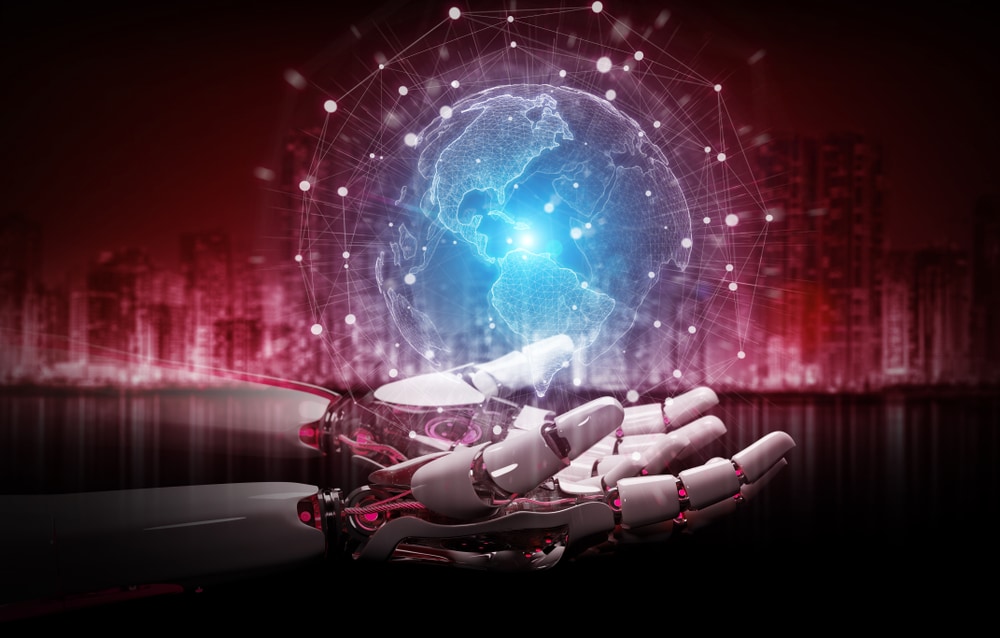 Red robot hacking a world network system on dark background 3D rendering Afbeelding: Shutterstock