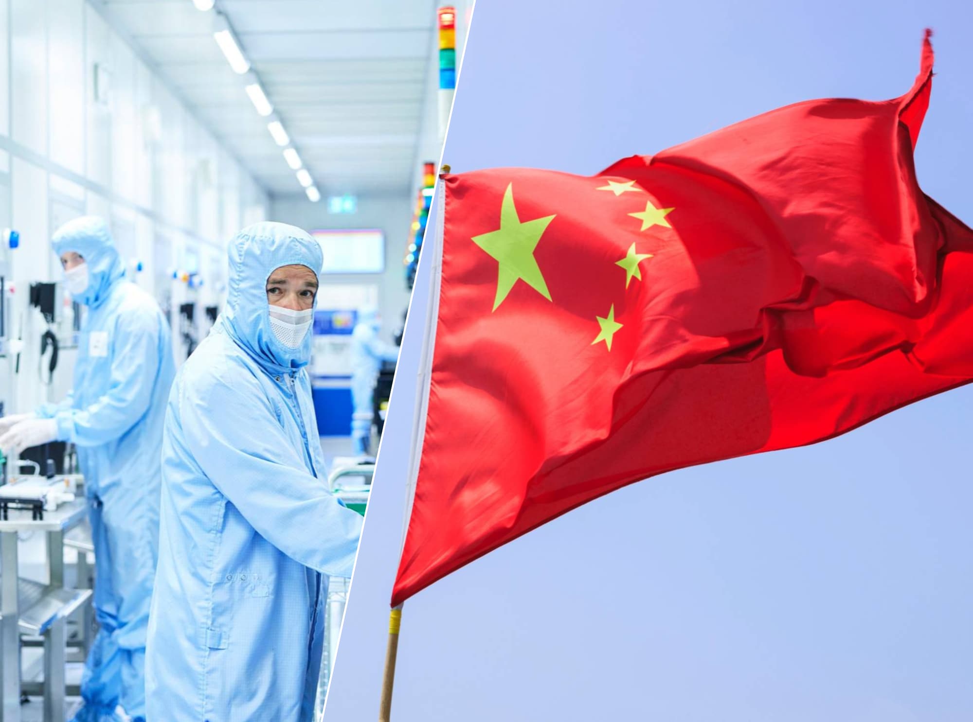 Links: werknemers van Nexperia / Rechts: de Chinese vlag Nexperia / Thinkstock