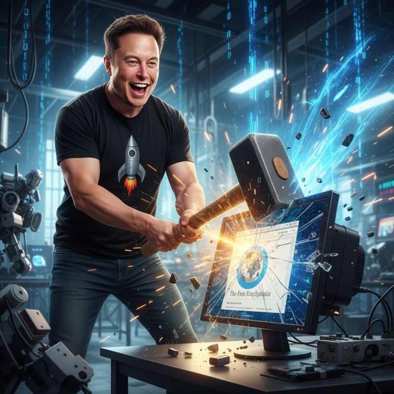Elon Musk begint z'n eigen Wikipedia. Omdat het kan. Elon Musk begint z’n eigen Wikipedia: Grokipedia. Afbeelding: AI. Met dank aan Remy Gieling.