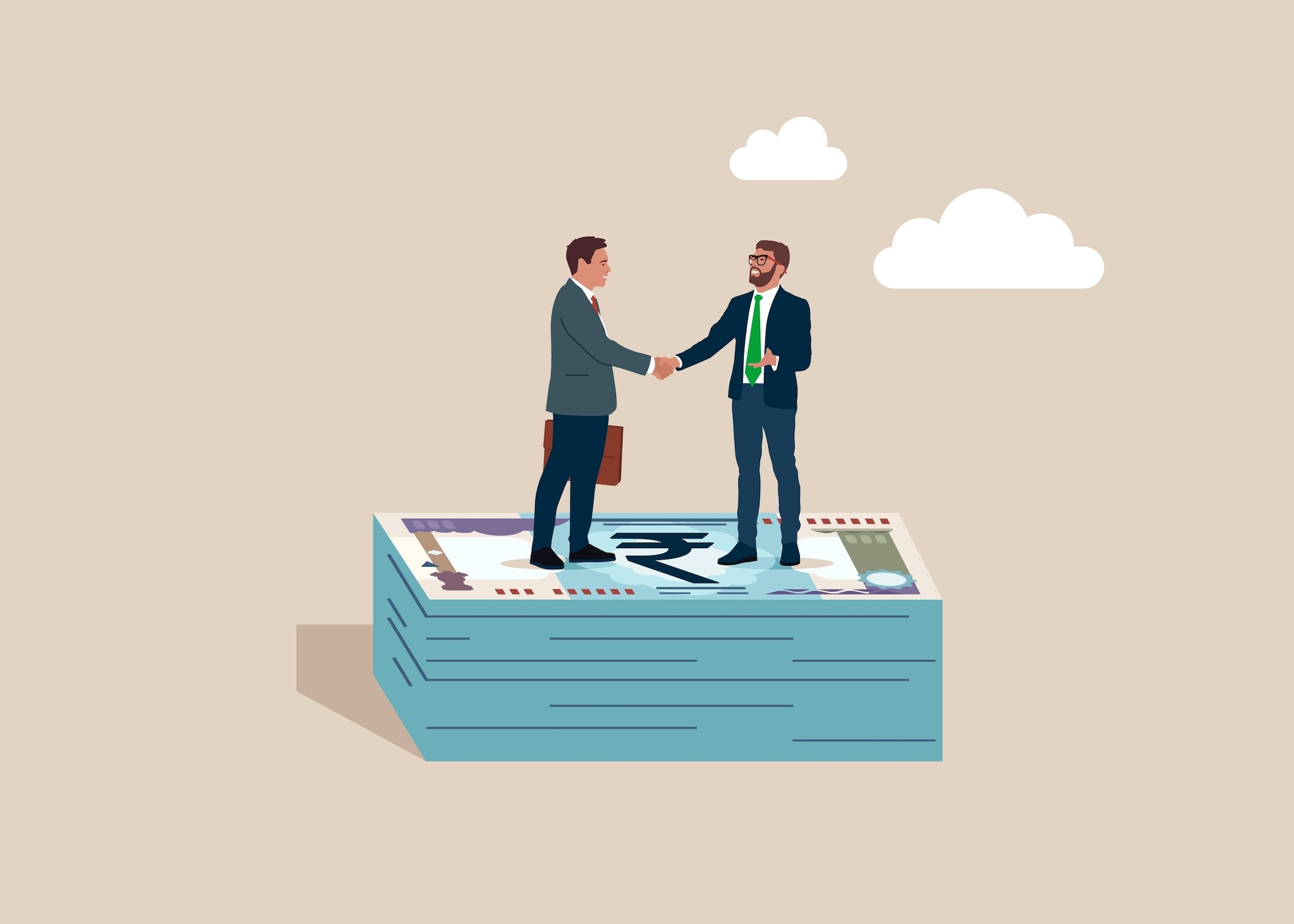 Businessmen handshake on pile of rupee banknote after finish agreement. Salary negotiation, pay raise discussion or wages and benefit agreement, business deal or merger and acquisition.  Vector Deal! Tenminste, op de illustratie hierboven. Afbeelding: Shutterstock.