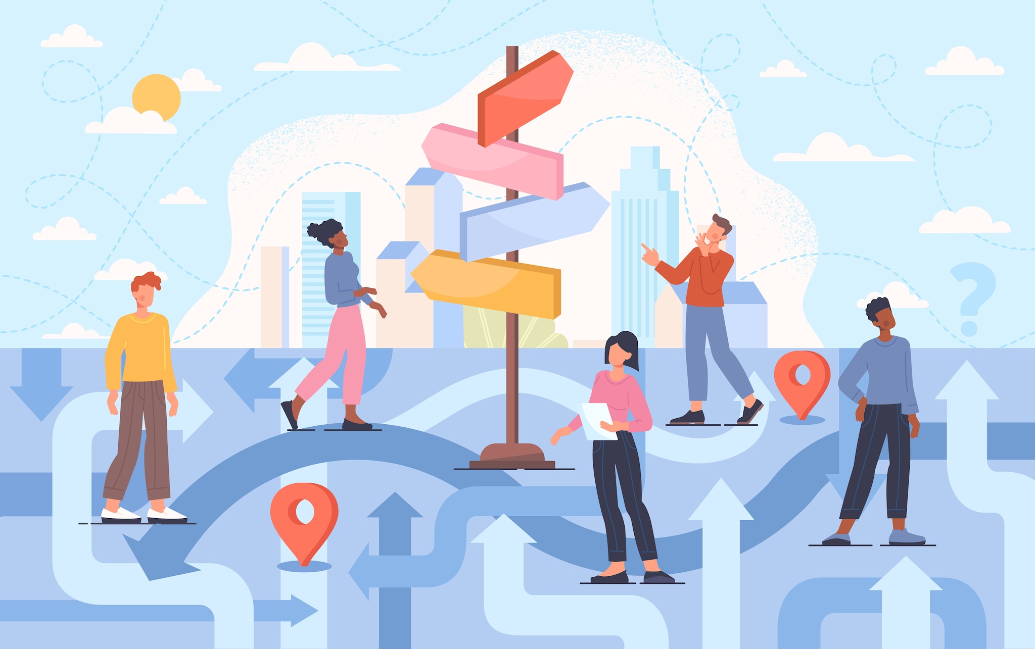 Young male and female characters are trying to find the right path direction and guide to destination. Different strategies for life choices and hardship solutions. Flat cartoon vector illustration Shutterstock