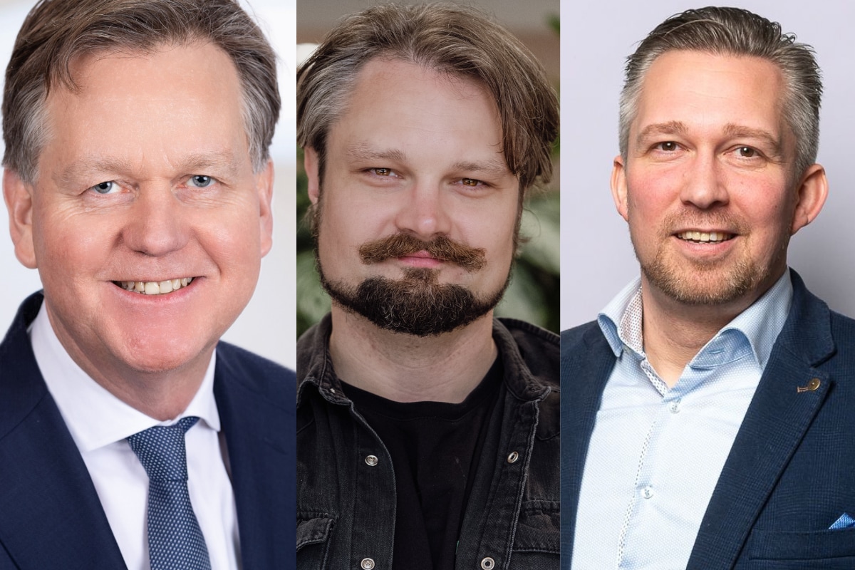 V.l.n.r. UvA-hoogleraar Henk Volberda, Toekomsthistoricus Aragorn Meulendijks, Directeur NLrobotics Thijs Dossers V.l.n.r UvA-hoogleraar Henk Volberda, toekomsthistoricus Aragorn Meulendijks, Directeur NLrobotics Thijs Dossers.