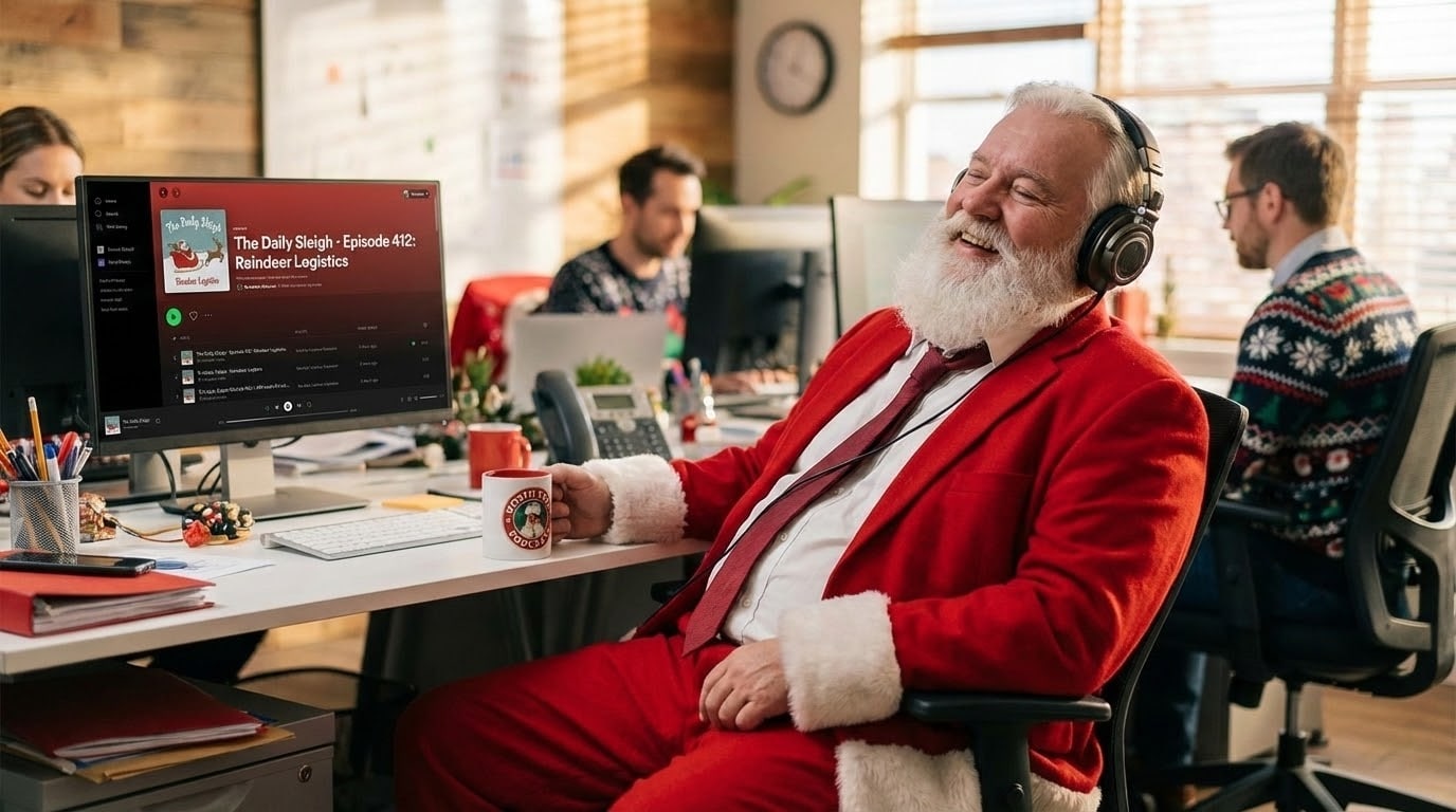 Kerstman luistert podcast op kantoor. De kerstman in z’n pauze op kantoor. Muts af, headset op en luisteren naar podcasts, natuurlijk. Afbeelding: Google AI
