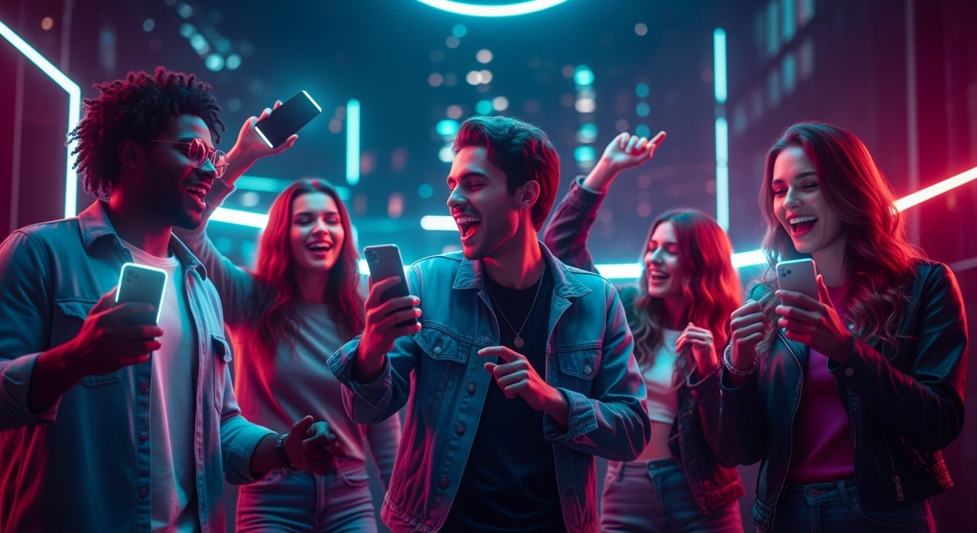 A vibrant, cinematic hero visual of stylish Gen Z youth at a digital party, holding glowing smartphones, dancing and laughing, immersed in uninterrupted streaming, music, and social connection. The background is a futuristic urban nightscape with glowing lights, giving the vibe of an always-connected digital world. The atmosphere is joyful, energetic, and celebratory — showing how Gen Zong is datafying their life. Hyper-realistic, high contrast, neon lighting, wide cinematic composition. Dit zijn ze inderdaad: Gen Z. Afbeelding: Shutterstock AI.