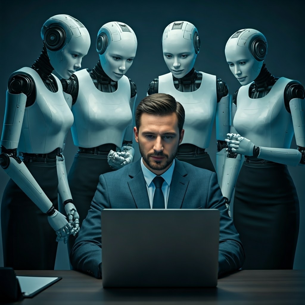 Four AI robot secretaries are looking at a laptop together behind the CEO who is looking at the laptop. Nu is dit nog een AI-afbeelding, maar straks.... Afbeelding: Shutterstock AI.