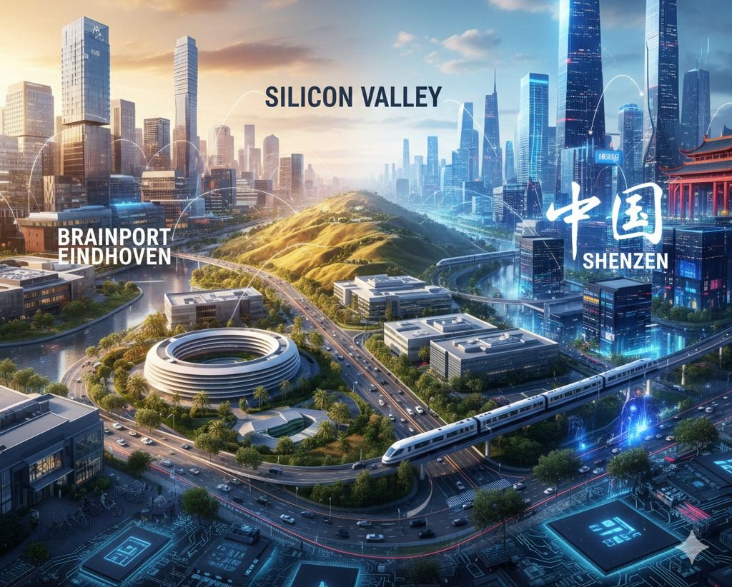 Brainport Eindhoven, Silicon Valley en Shenzen, de locaties van innovatie en technologie, in één AI-afbeelding. Inderdaad: Brainport Eindhoven, Silicon Valley en Shenzen, de locaties van innovatie en technologie, in één AI-afbeelding. Beeld: Shutterstock.
