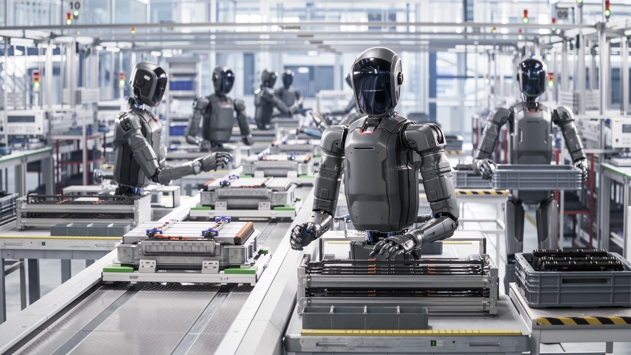 Autonome AI-aangedreven humanoïde robots werken in de fabriek op assemblagelijn. Beeld: Shutterstock Autonome AI-aangedreven humanoïde robots werken in de fabriek op assemblagelijn. Beeld: Shutterstock