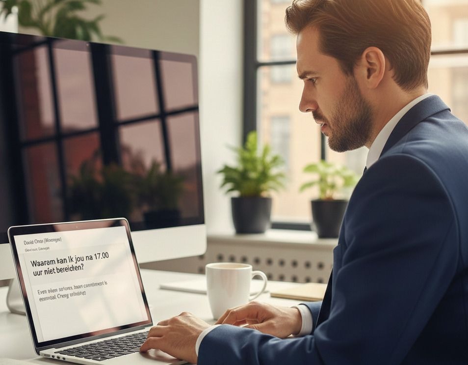 Werk jij niet na 17.00 uur? Waarom kan ik jou na 17.00 uur niet bereiken? Afbeelding: Shutterstock/AI. Dit is dus niet de persoon in het artikel.