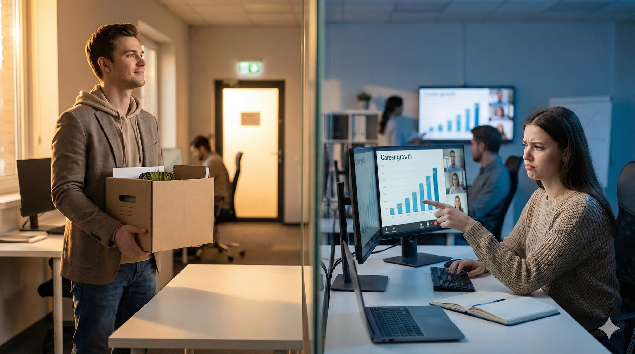 Waarom jonge mannen een nieuwe baan zoeken en vrouwen juist blijven. Beeld gegenereerd met Google Gemini. Waarom jonge mannen een nieuwe baan zoeken en vrouwen juist blijven. Beeld gegenereerd met Google Gemini.