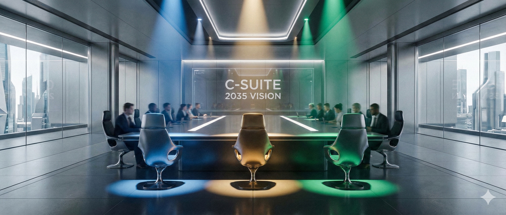 Deze drie nieuwe functies zitten in 2035 in de boardroom. Beeld gegenereerd met Google Gemini. Deze drie nieuwe functies zitten in 2035 in de boardroom. Afbeelding: Google Gemini.