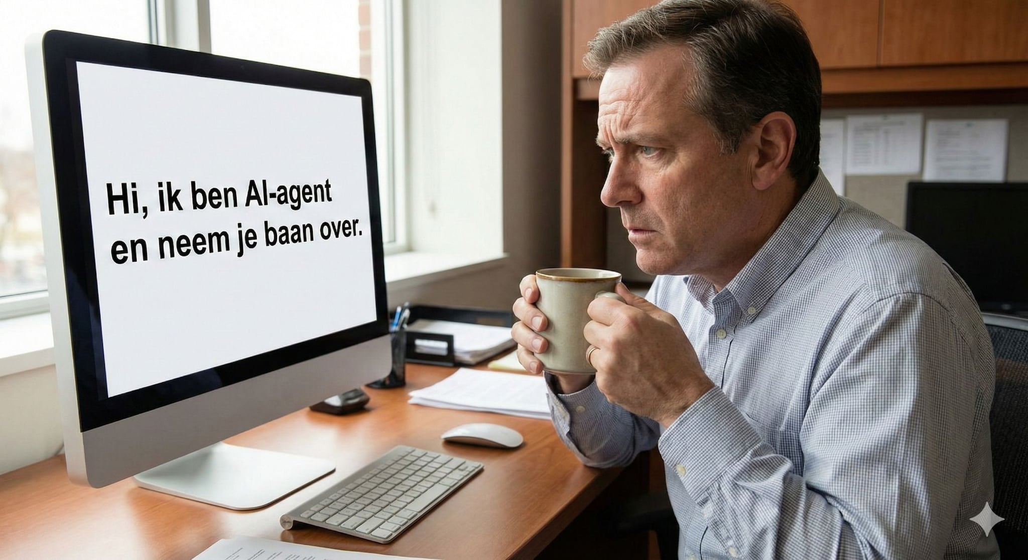 Hoi, ik ben AI-agent een neem je baan over. Ruim 80 procent van de ondervraagden in het internationale Remote-onderzoek is niet bezig met de vraag of AI zijn of haar werk gaat overnemen. Afbeelding: Gemini/AI.