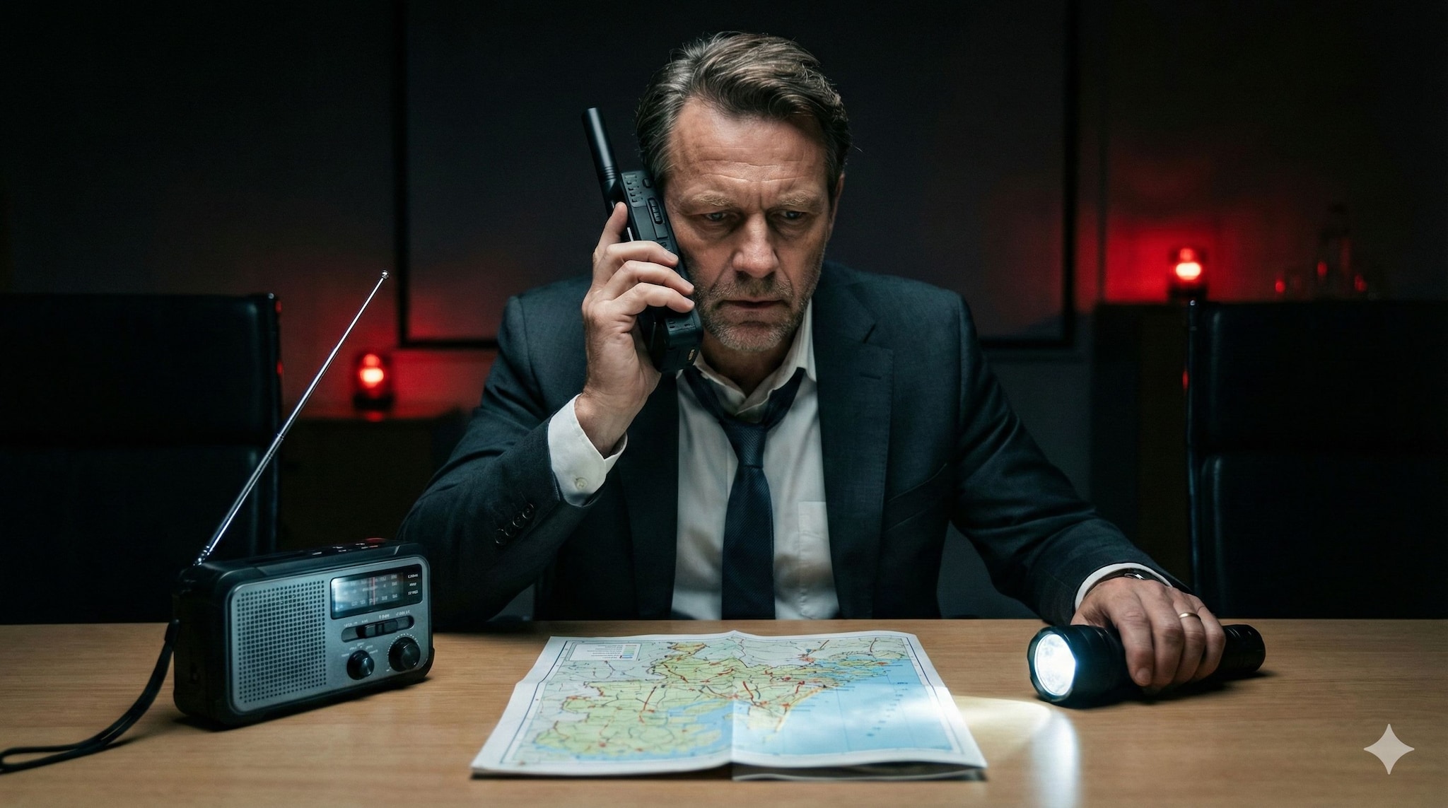 Stroomuitval: satelliettelefoon, transistorradio, zaklamp bij de hand. Zo zou het kúnnen gaan, Langdurige stroomuitval: een satelliettelefoon, transistorradio en zaklamp bij de hand. Afbeelding: Gemini/AI