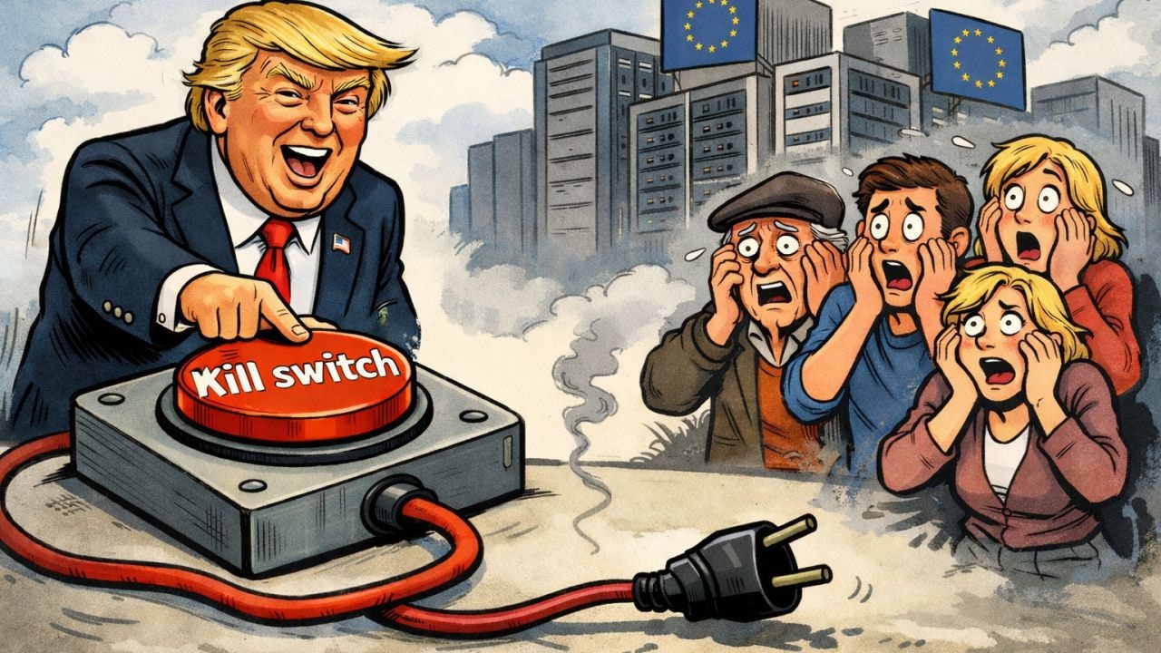 Waarom we moeten willen dat Big Tech meer datacenters in Europa bouwt. De rode knop bestaat niet. Stop met doen alsof. Afbeelding via AI/Nils Beers.