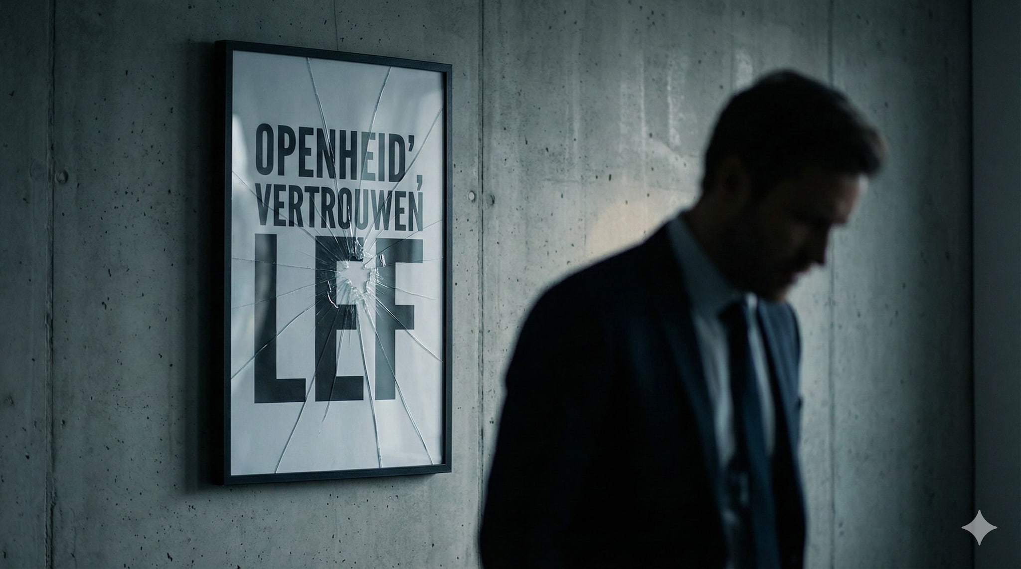 Openheid, vertrouwen, lef. Mooi voor aan de muur, maar in de praktijk? Openheid, vertrouwen, lef. Mooi voor aan de muur, maar in de praktijk? Afbeelding: Gemini/AI.