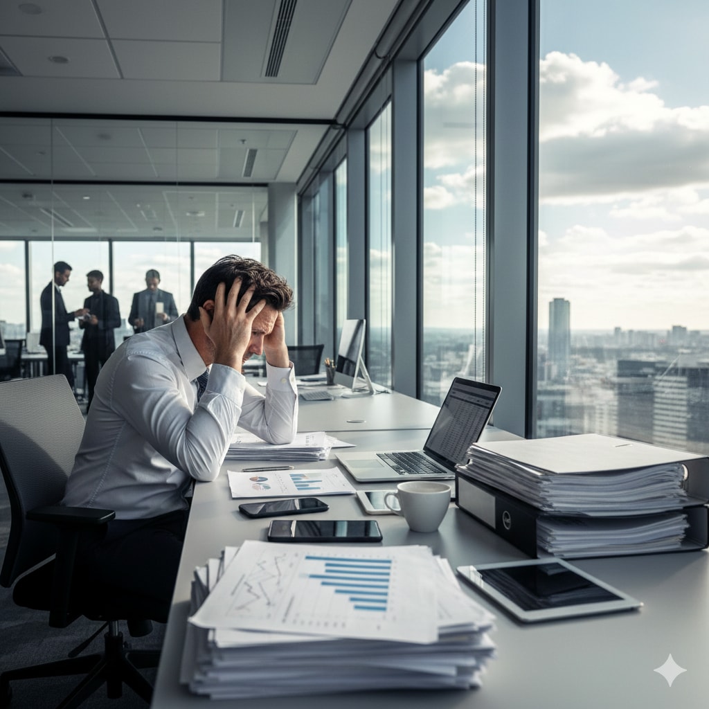 1 op de 3 managers overweegt een andere baan te zoeken. Beeld gegenereerd met Google Gemini. 1 op de 3 managers overweegt een andere baan te zoeken. Beeld gegenereerd met Google Gemini.