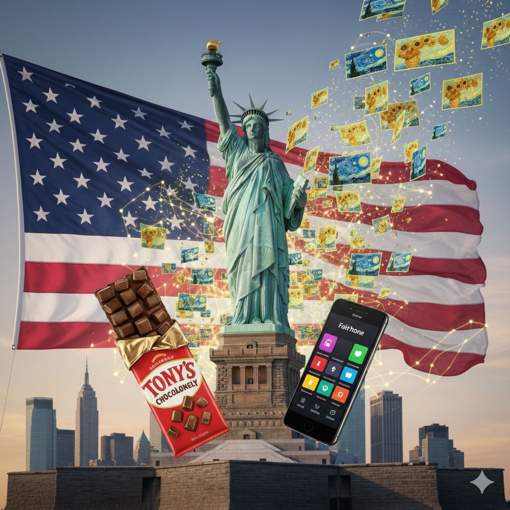 Van Tony’s tot Fairphone en Van Gogh: hoe Nederlandse merkn Amerikaanse media strategisch inzetten. Van Tony’s Chocolonely tot Fairphone en Van Gogh Musuem: hoe Nederlandse merkn Amerikaanse media strategisch inzetten. Afbeelding: Gemini/AI.