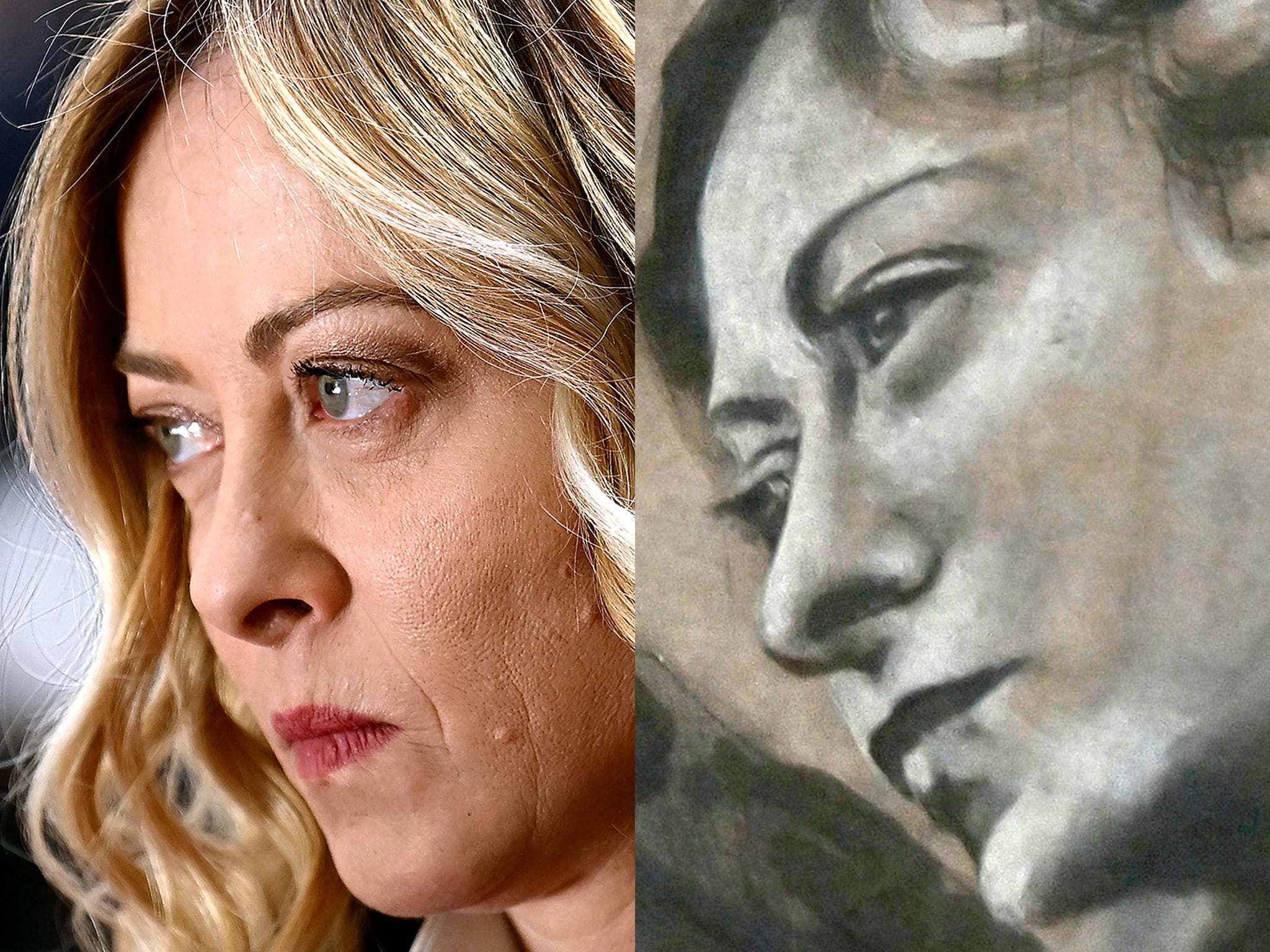 Giorgia Meloni (links) en de fresco in de San Lorenzo in Lucina-basiliek. Foto: ANP Giorgia Meloni (links) en de fresco in de San Lorenzo in Lucina-basiliek. Foto: ANP