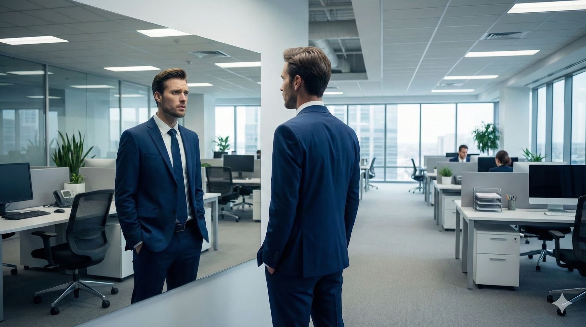 Wil je een betere leidinggevende worden, begin bij jezelf, stelt expert Nadia van der Vlies. Wil je beter leidinggeven, begin dan bij jezelf: kijk ‘ns in de spiegel. Afbeelding: Gemini/AI.