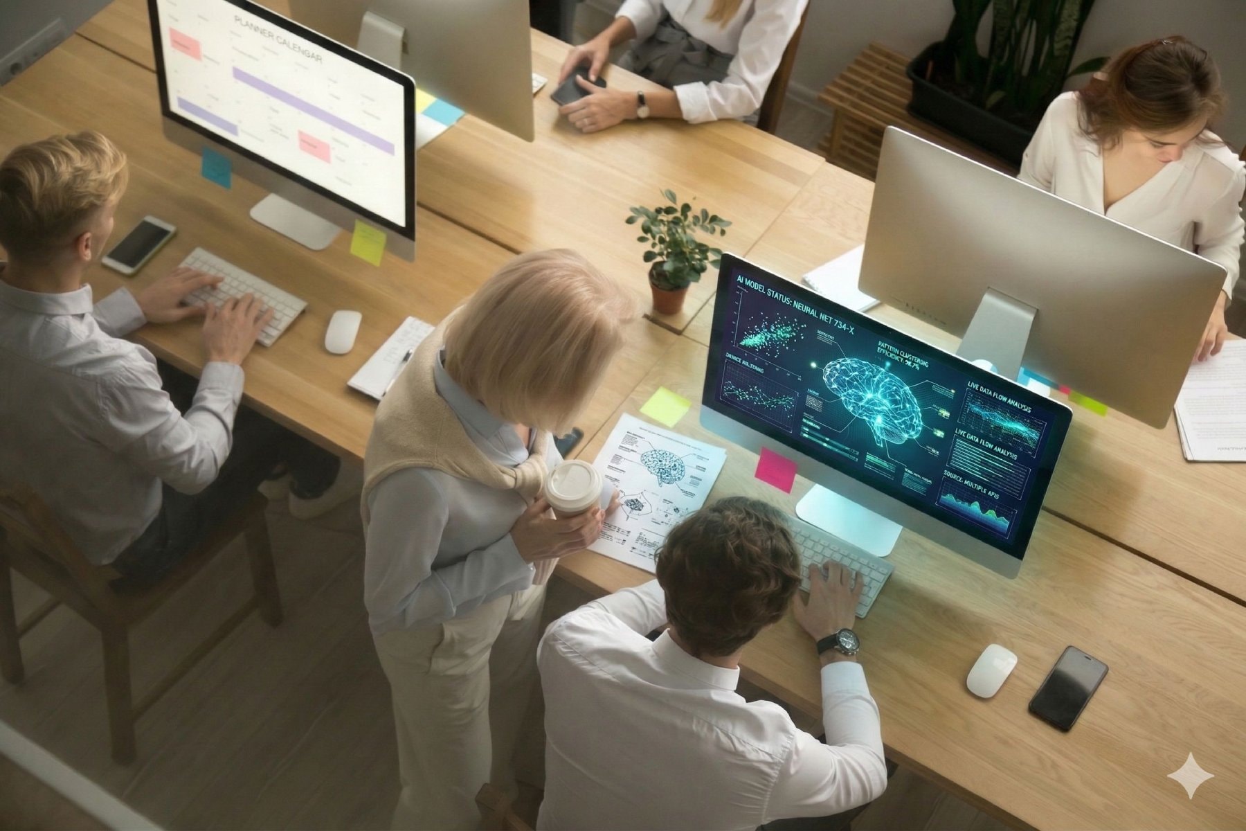 Personeel werkt achter de computer met AI. ‘Je zou kunnen zeggen: agentic AI kan fysieke en menselijke interactie opnieuw centraal zetten, omdat het de bureaucratische ballast reduceert’, schrijft Job van den Berg in zijn expertblog. Foto: Shutterstock