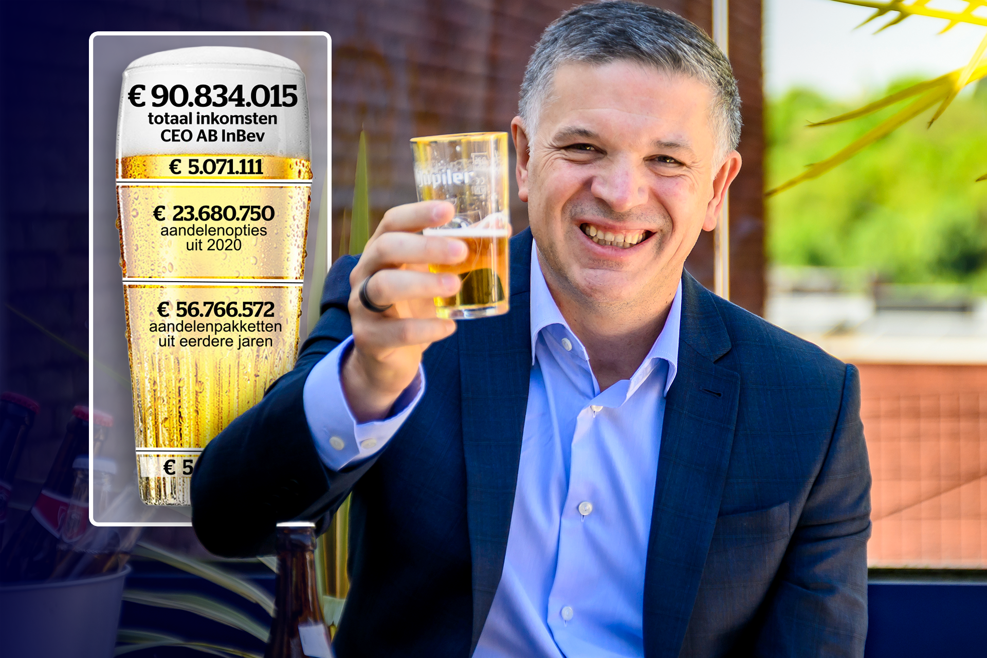 AB InBev‑CEO Michel Doukeris (53) heft het glas. AB InBev‑CEO Michel Doukeris (53) heft het glas - begrijpelijk. Foto: Jan De Meuleneir/Photo News