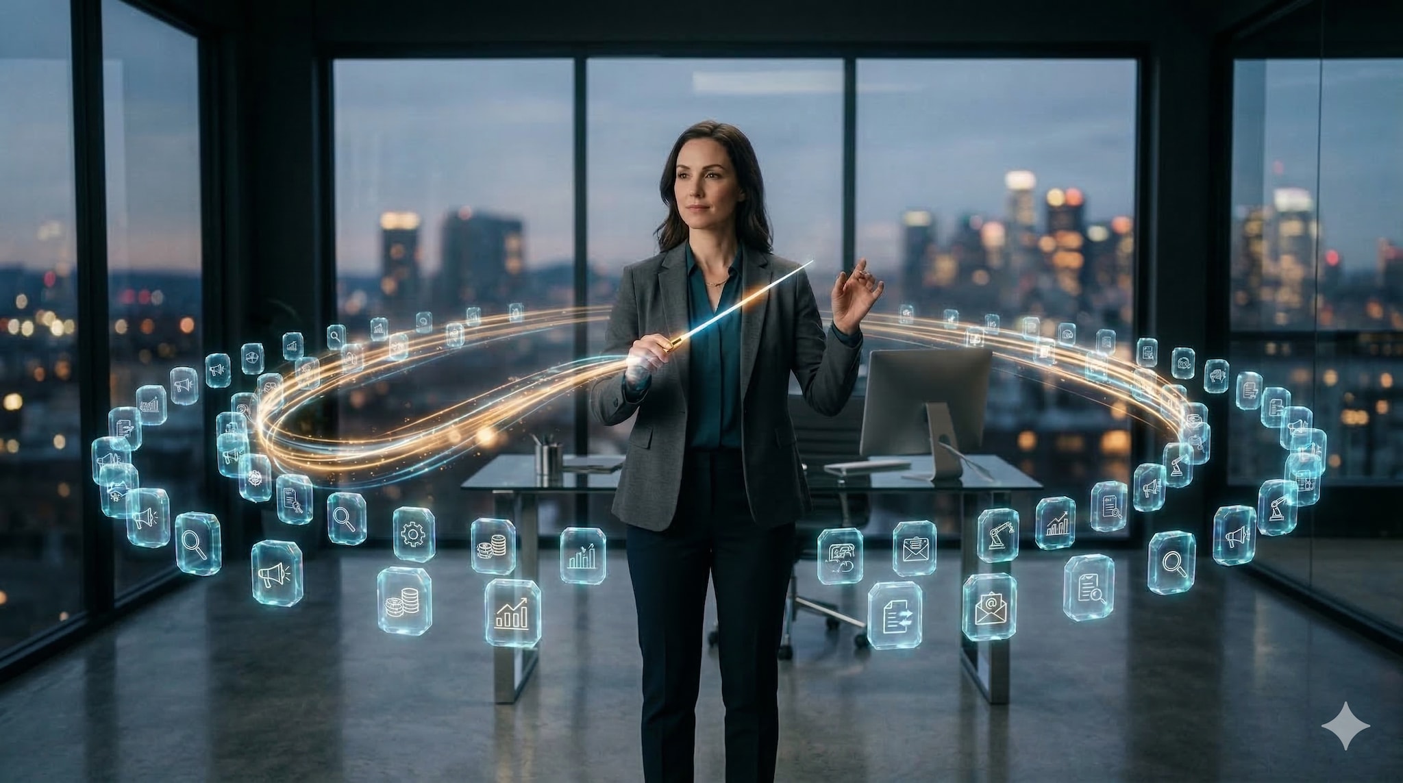 De nieuwe kenniswerker orkestreert AI-agents. Beeld gegenereerd met Google Gemini. De nieuwe kenniswerker orkestreert AI-agents. Beeld gegenereerd met Google Gemini.