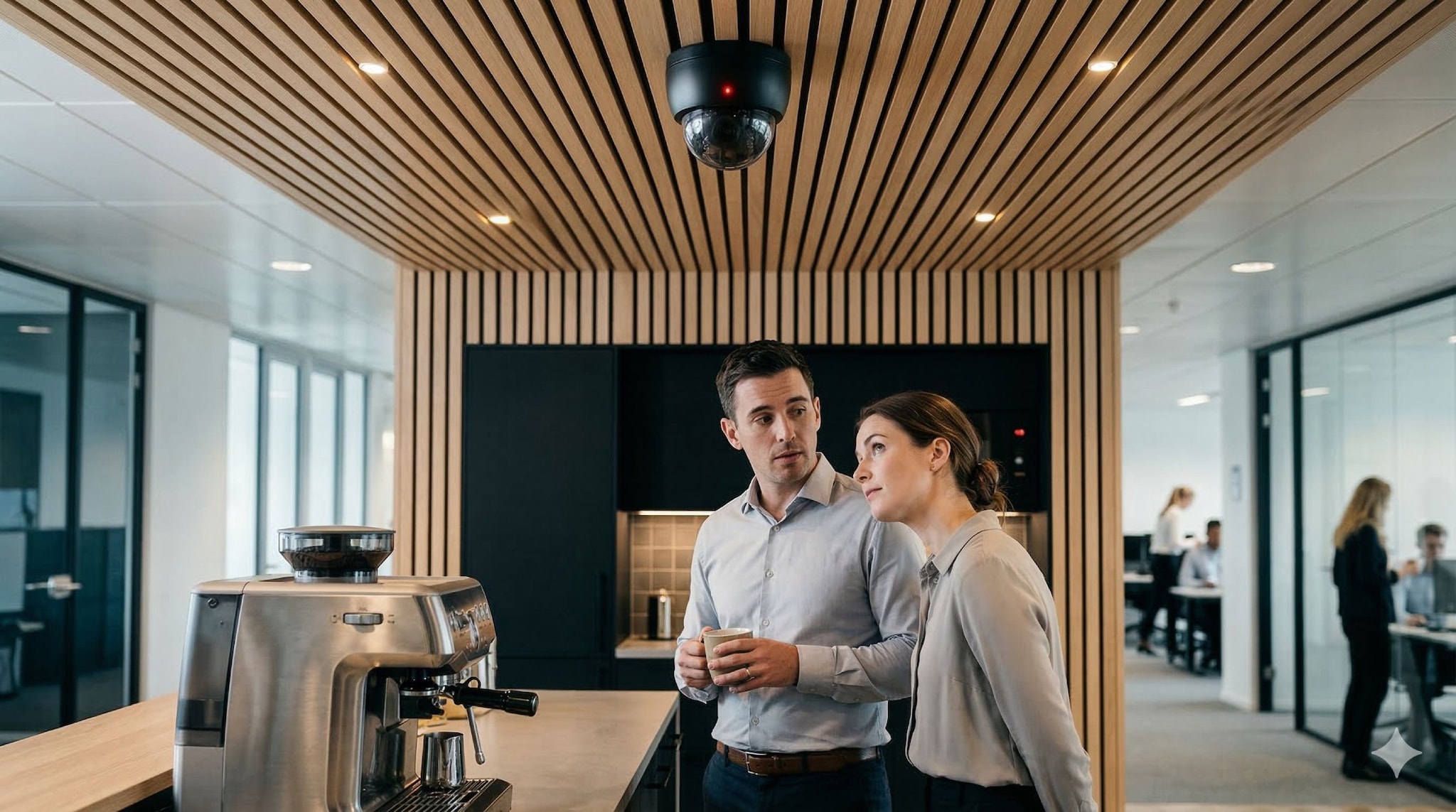 Veel werknemers worden op afstand in de gaten gehouden via camerabeelden. Vakbond CNV en privacywaakhond Autoriteit Persoonsgegeven zien een forse toename. Niet alleen beelden worden bekeken, ook gesprekken worden afgeluisterd. En dat is in strijd met de privacywet. Een camera boven de koffiemachine. Het komt voor, ook met microfoon. Afbeelding: Gemini/AI